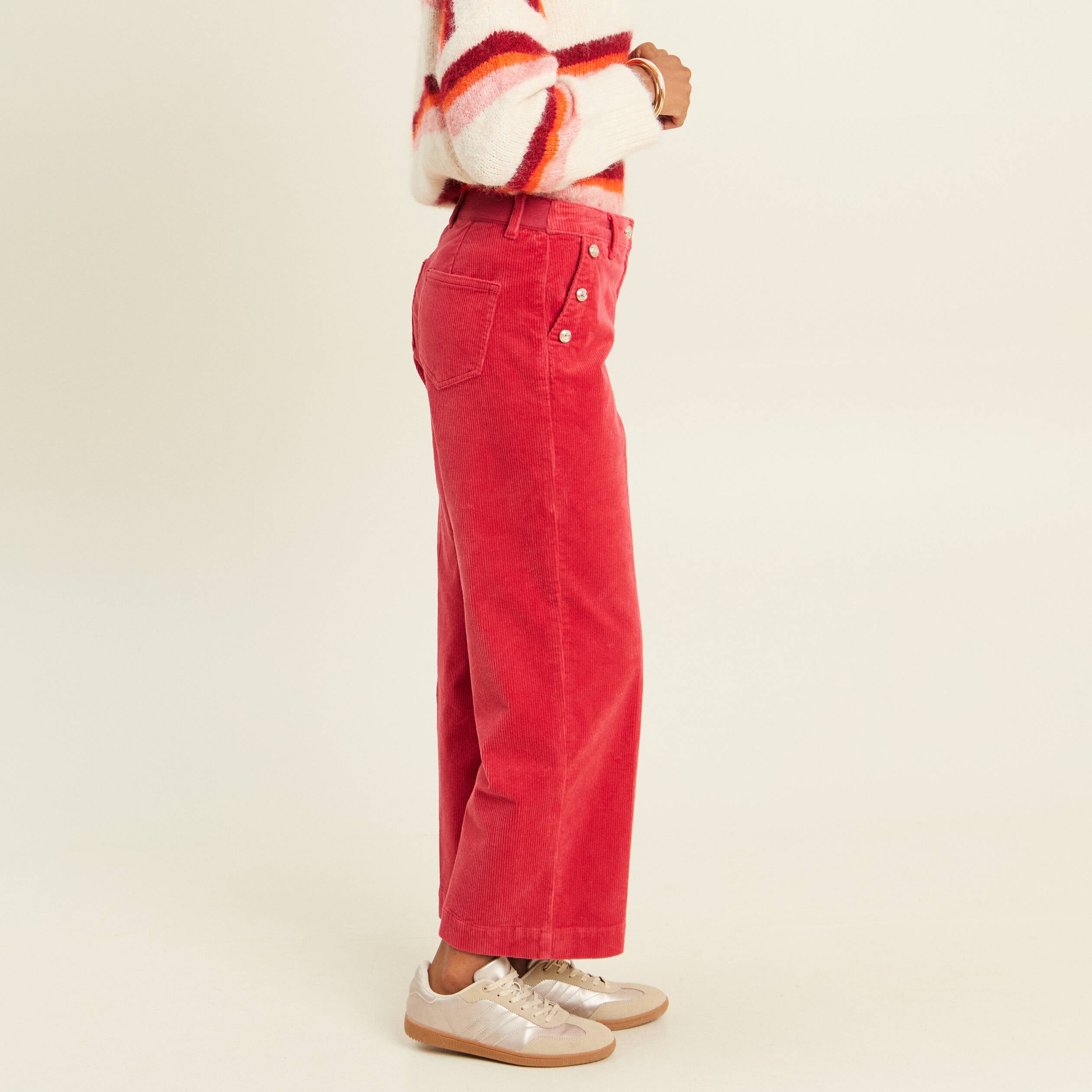 Pantalon large velours c&ocirc;tel&eacute; rouge femme