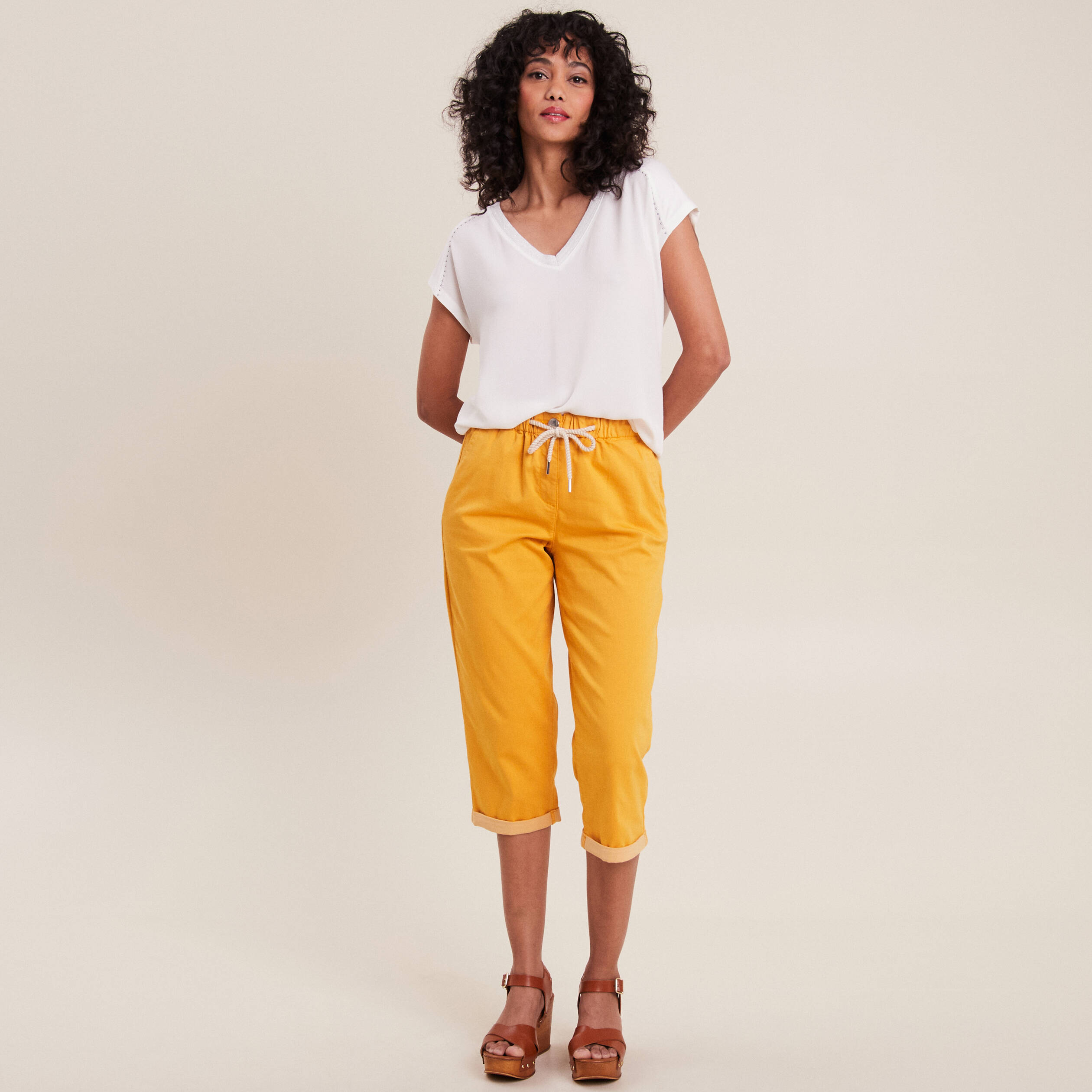 pantacourt large taille haute jaune moutarde femme Pantacourt large taille haute jaune moutarde femme