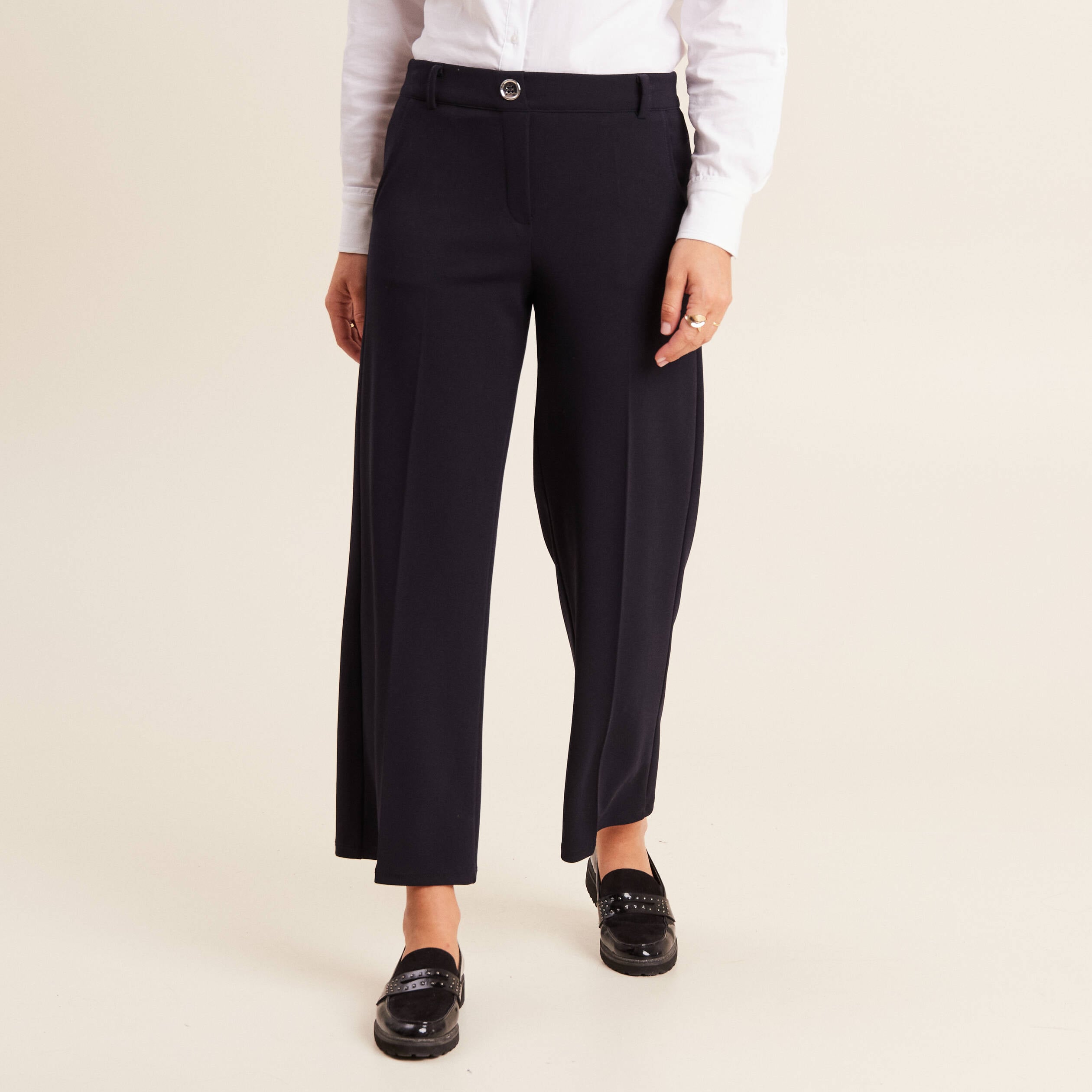 Pantalon coupe large &agrave; pinces bleu fonc&eacute; femme