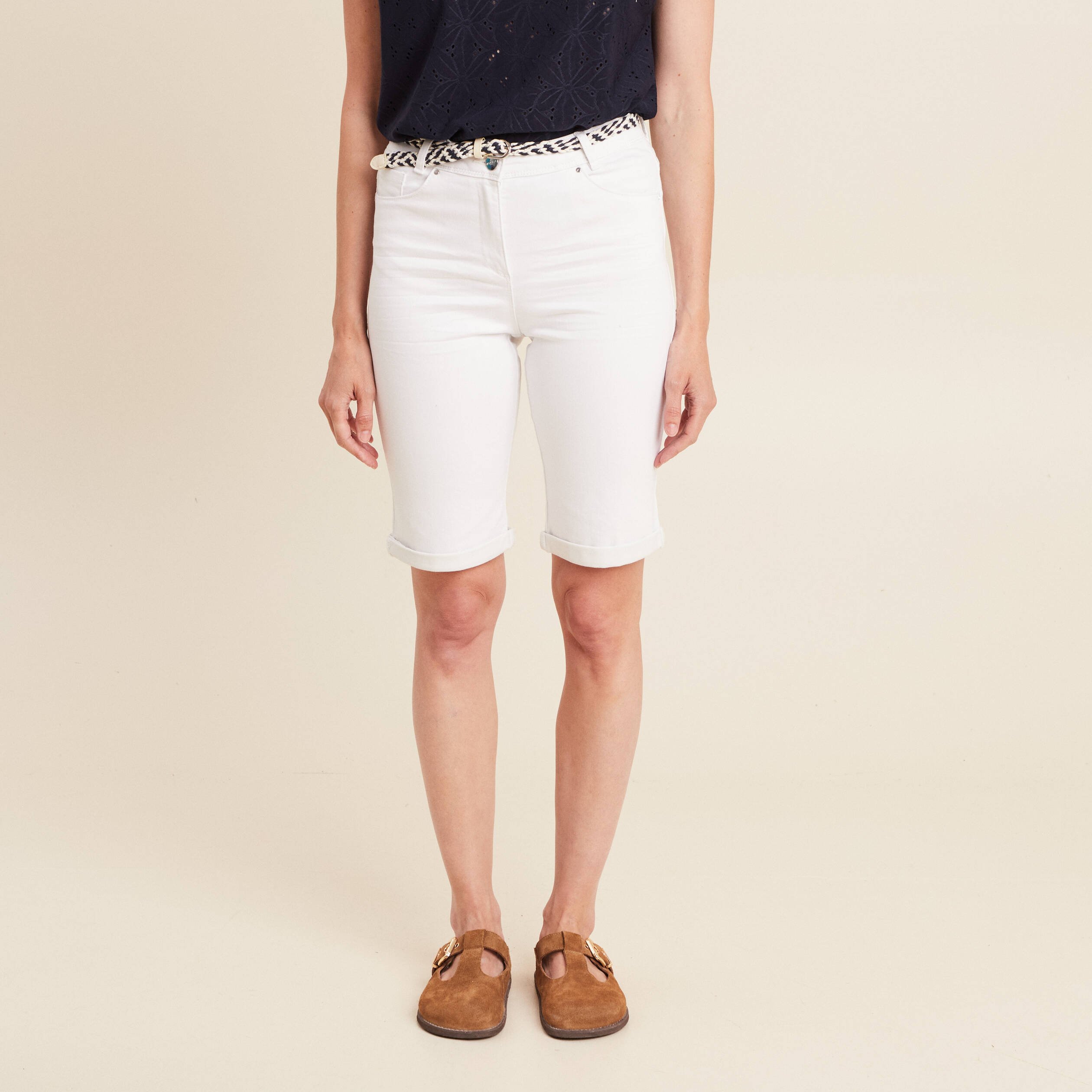 bermuda ajuste ceinture blanc femme Bermuda ajusté ceinturé blanc femme