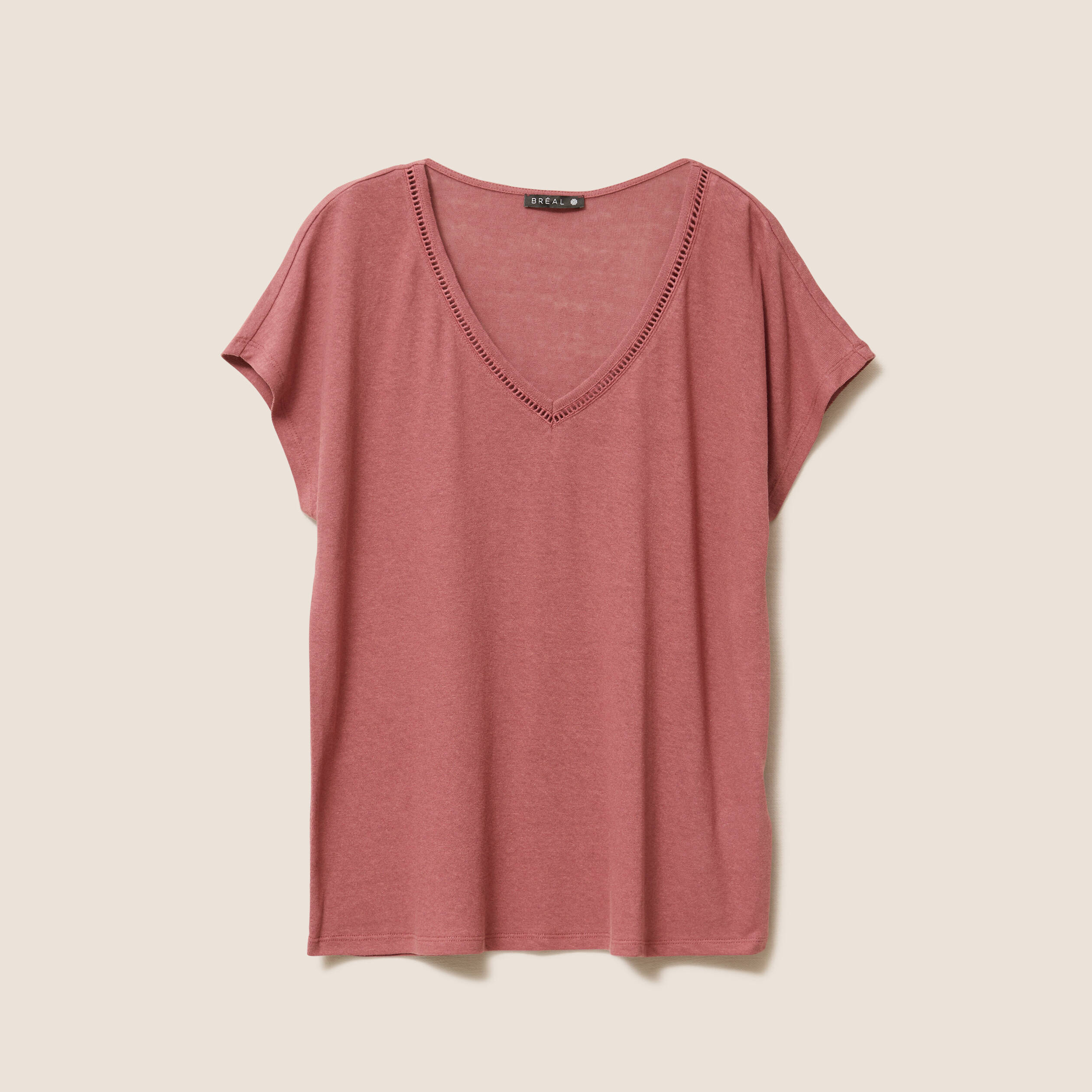 T-shirt col v manches courtes aspect lin vieux rose femme