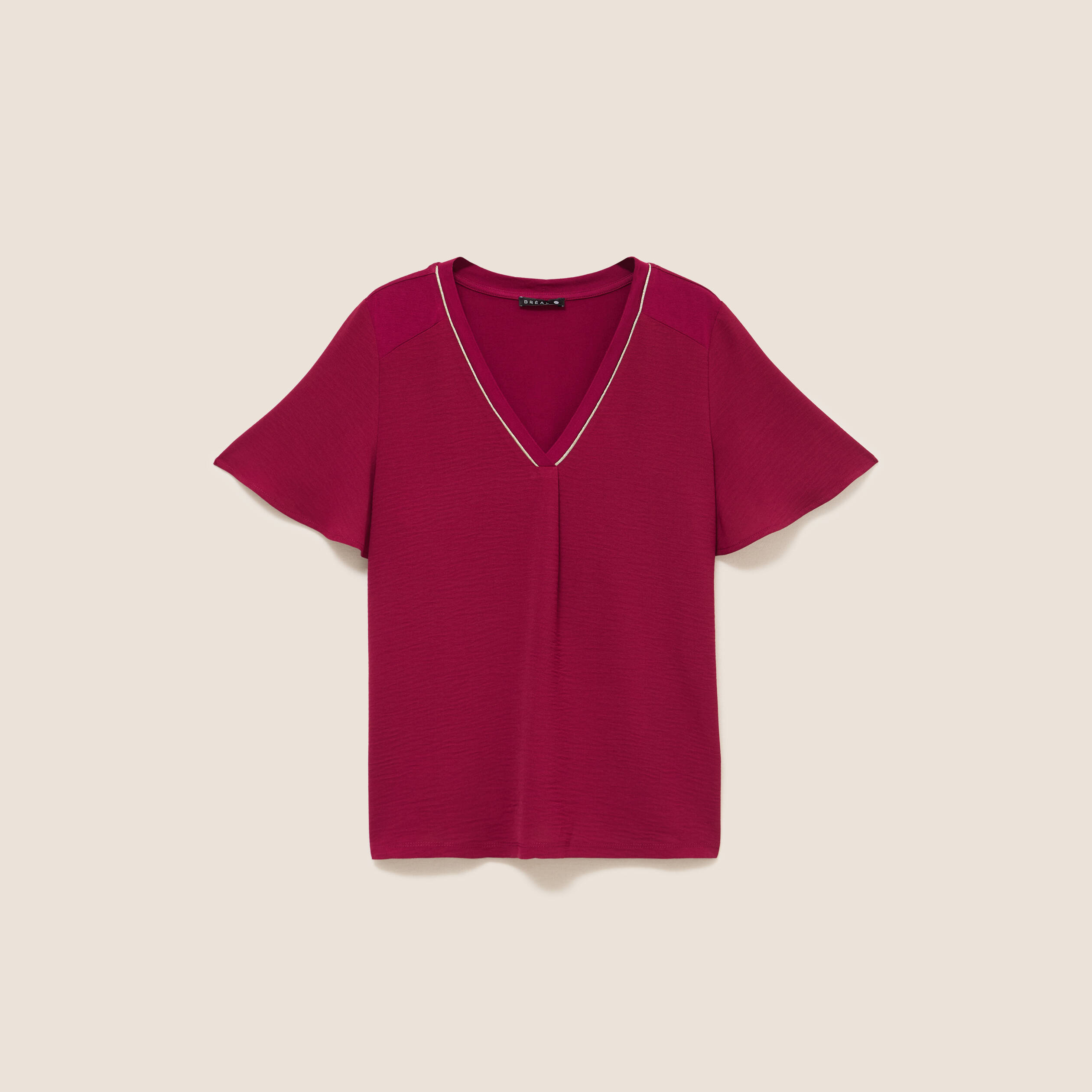 T-shirt bi-mati&egrave;re manches courtes rouge fonc&eacute; femme