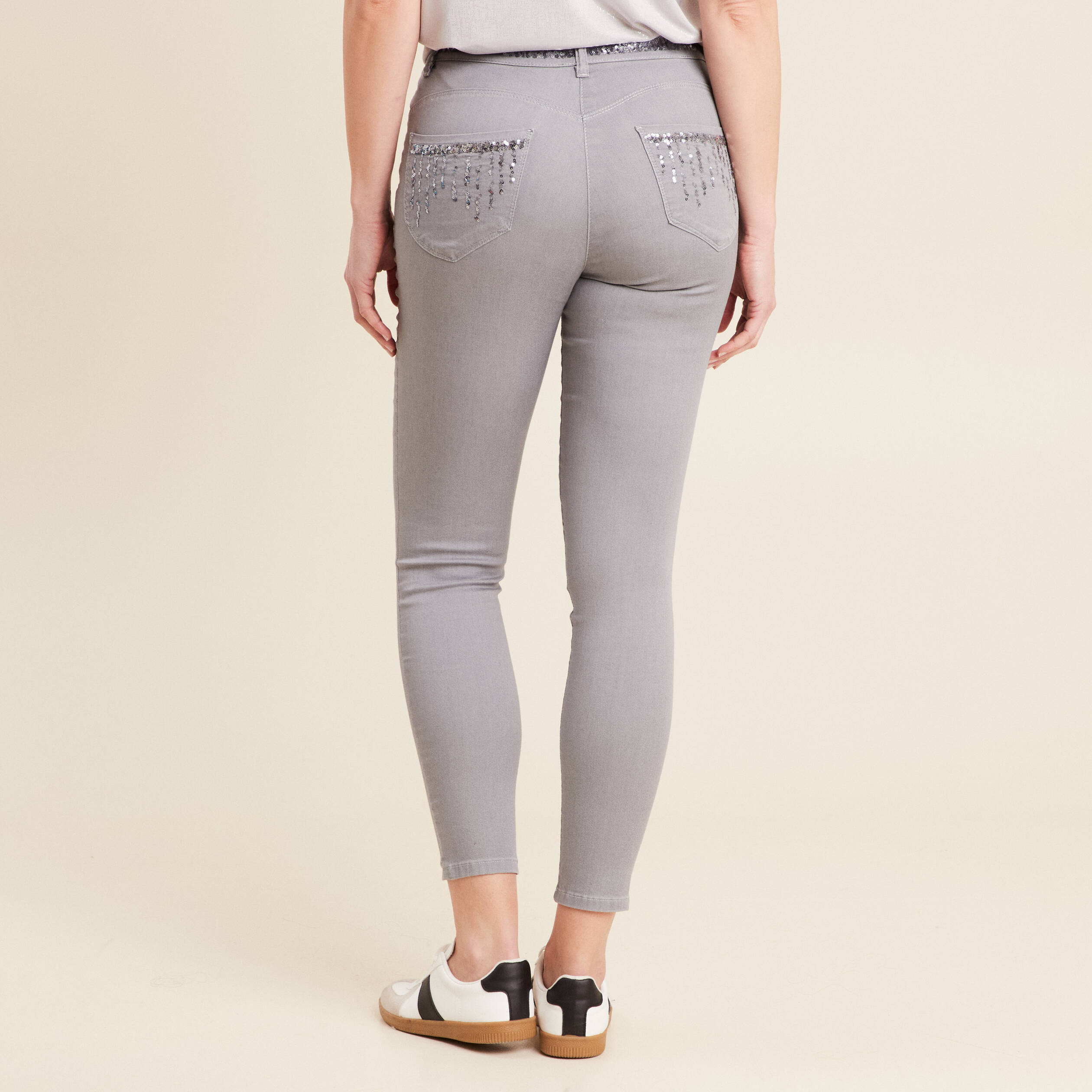 pantalon ajuste sequins denim gris clair femme Pantalon ajusté sequins denim gris clair femme