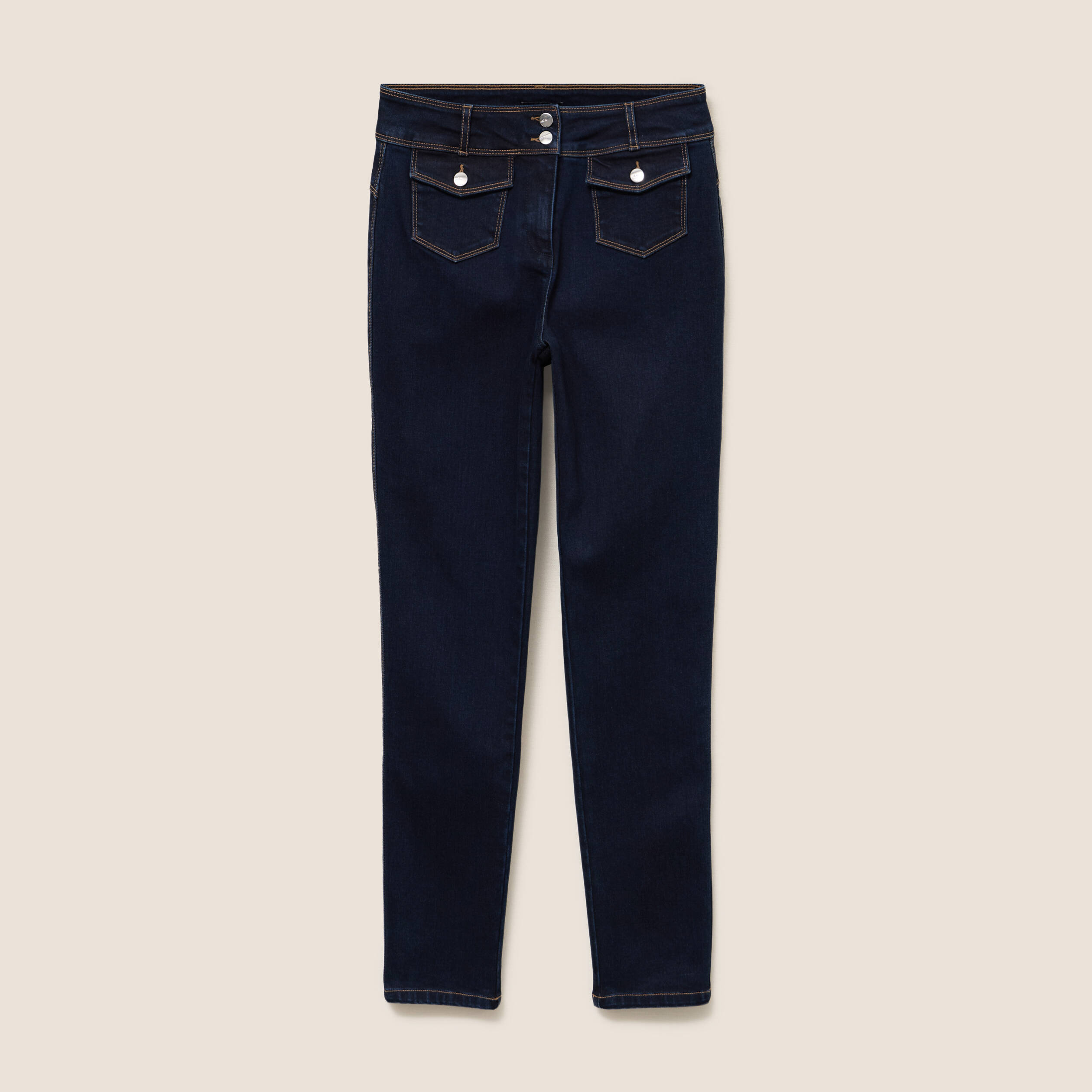 Jean ajust&eacute; taille haute longue denim brut femme