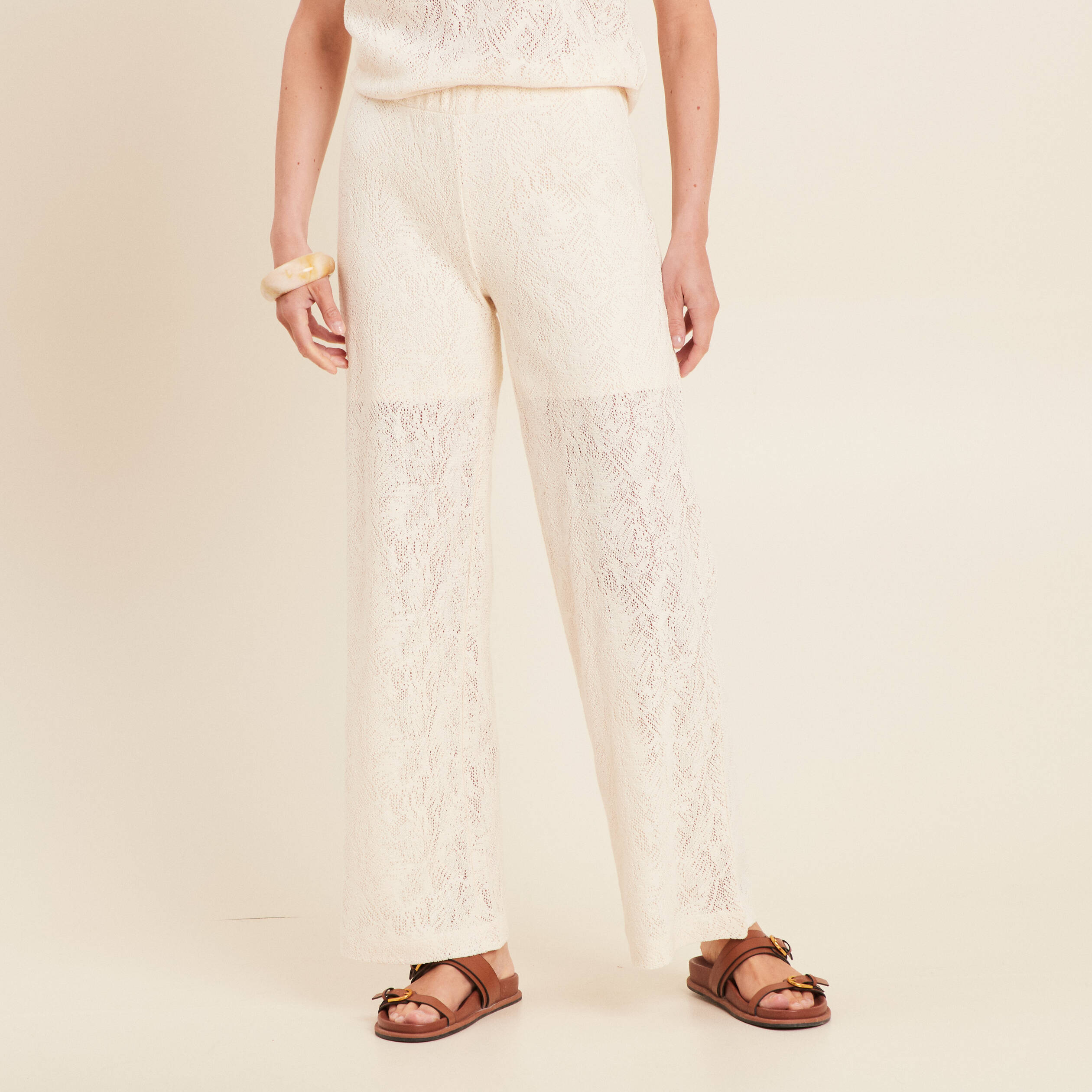 pantalon large taille basculee ecru femme Pantalon large taille basculée ecru femme