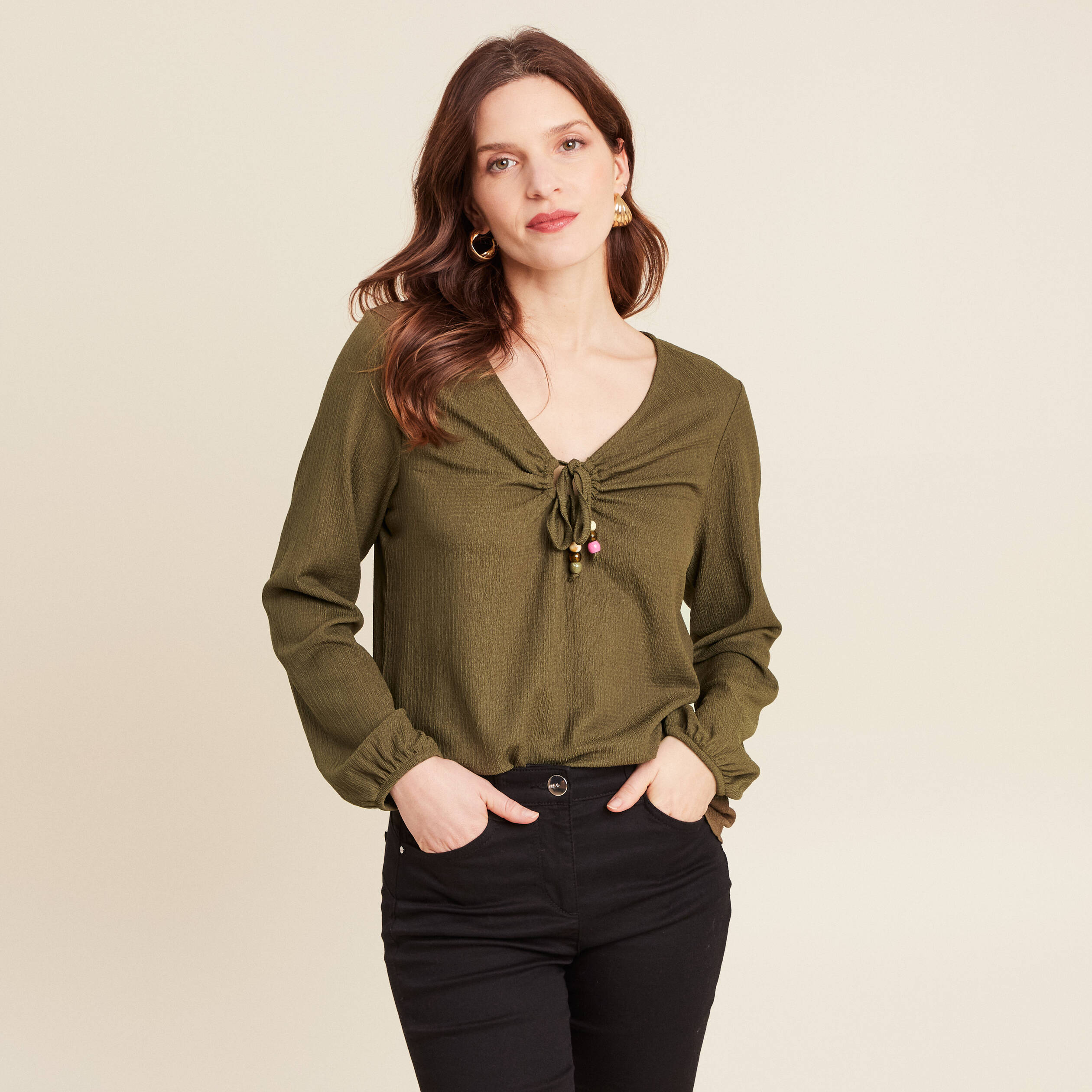 Blouse manches longues vert olive femme