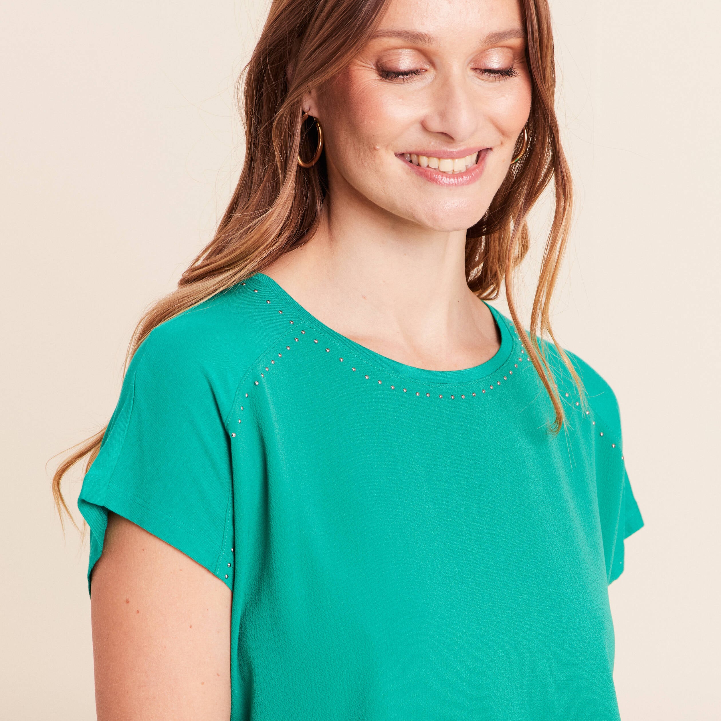 T-shirt bi-mati&egrave;re manches courtes vert menthe femme