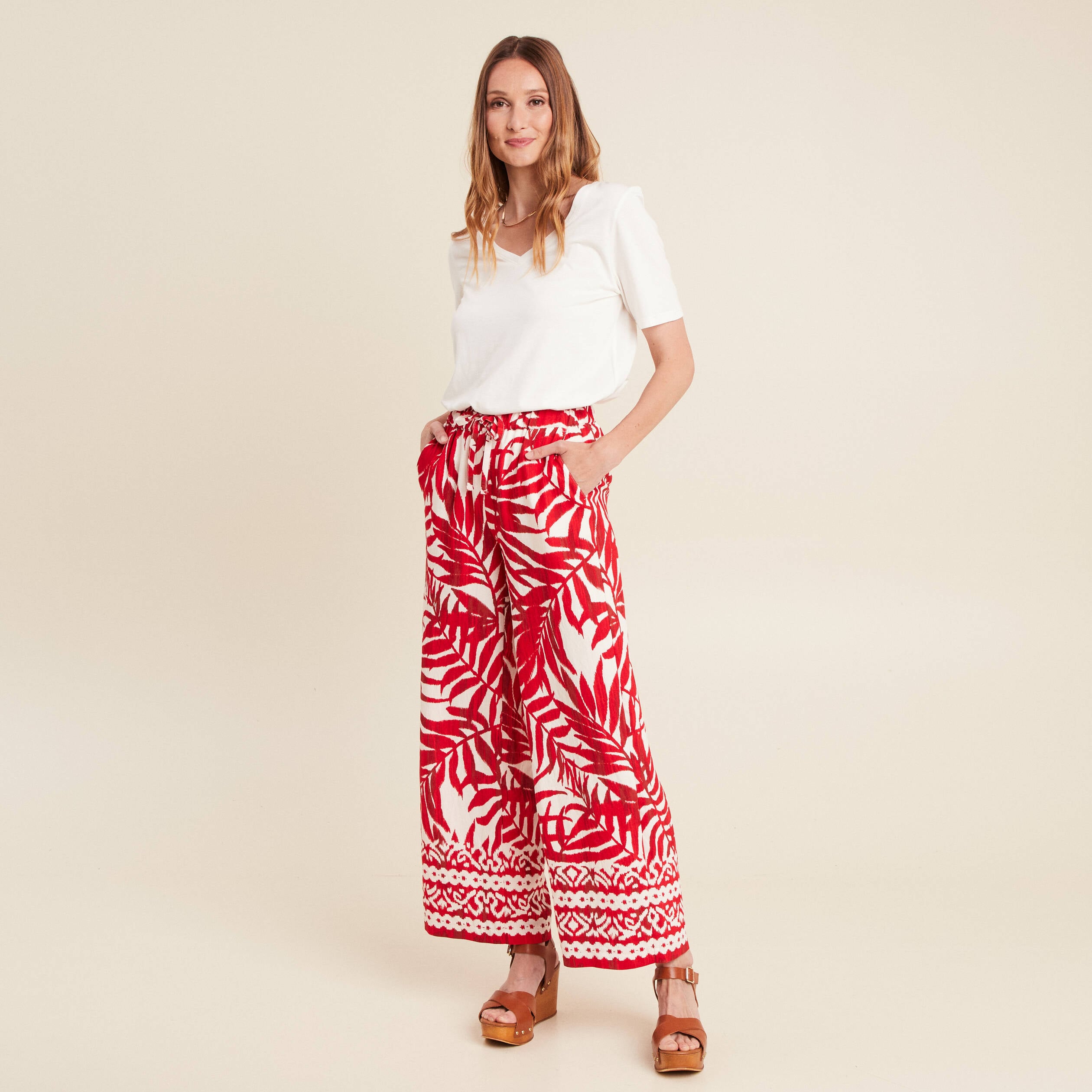 Pantalon large taille haute ecru femme