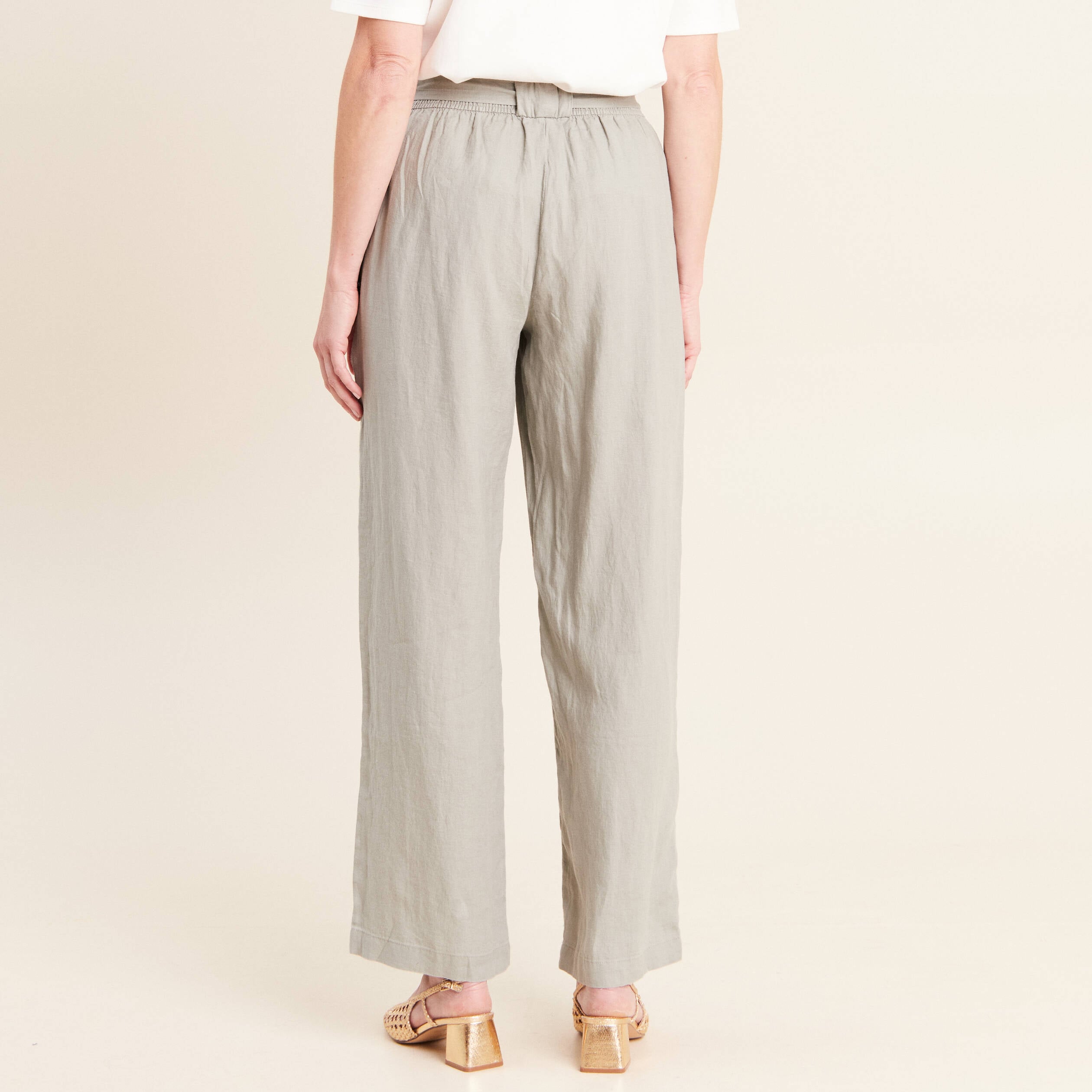Pantalon large taille haute aspect lin vert clair femme