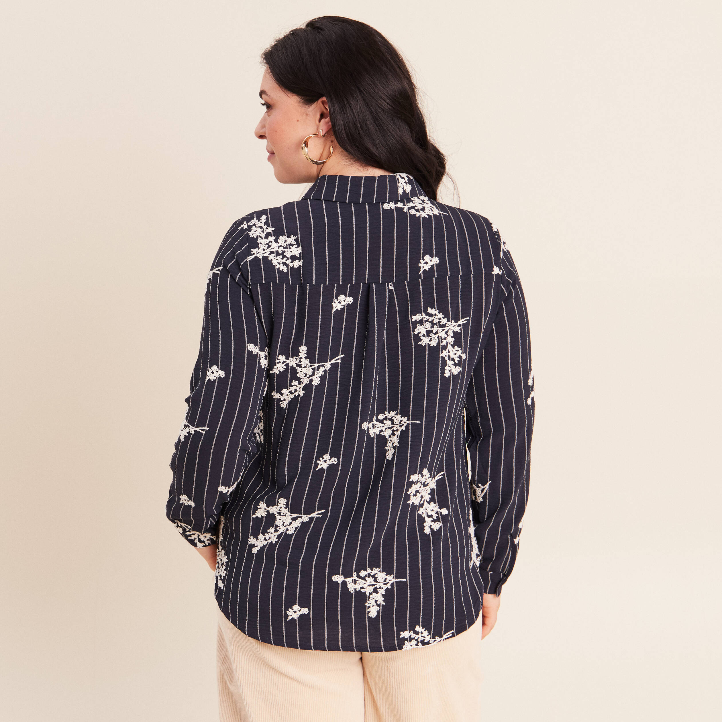 Chemisier droit manches longues fluide bleu marine femme