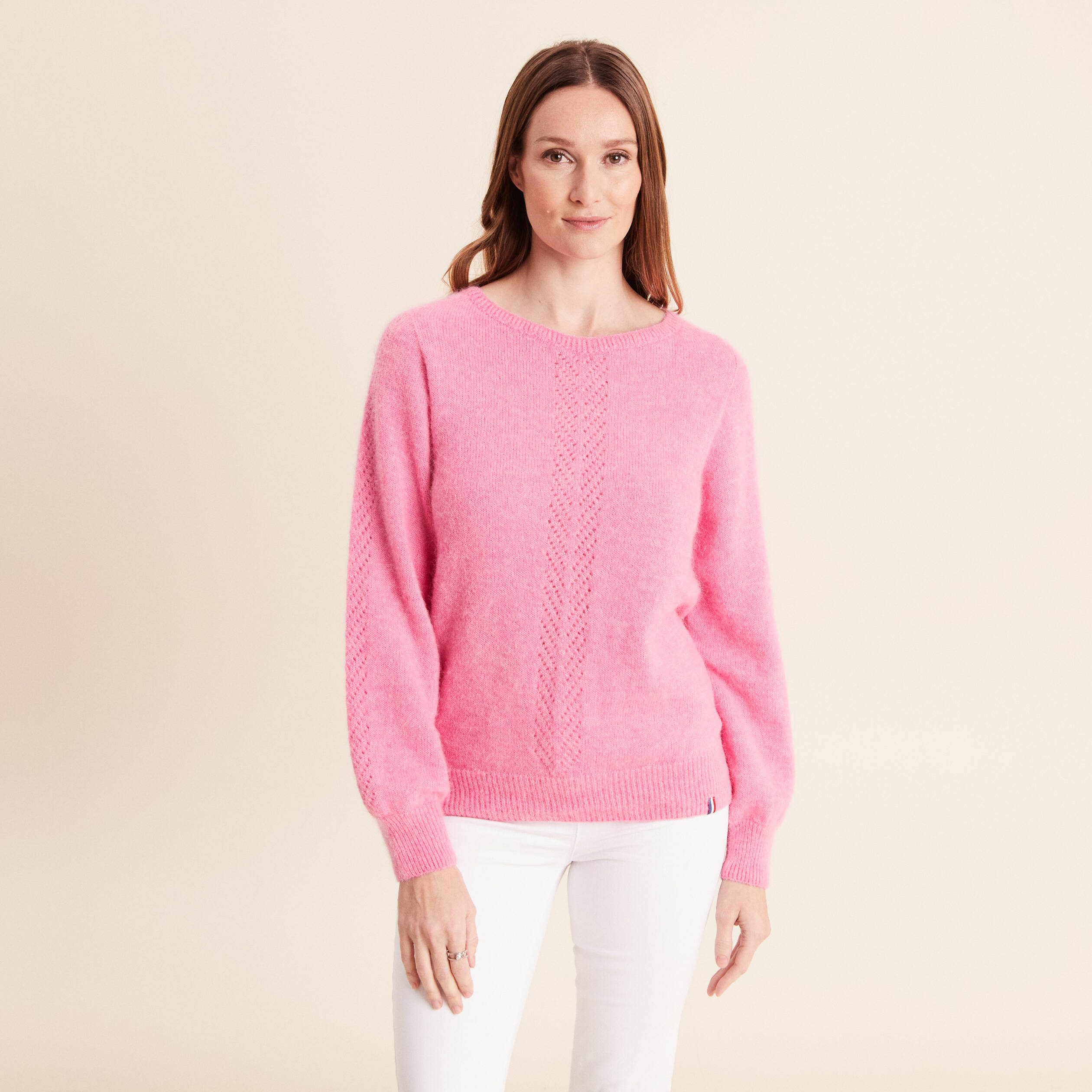 Pull confectionn&eacute; en France rose fushia femme
