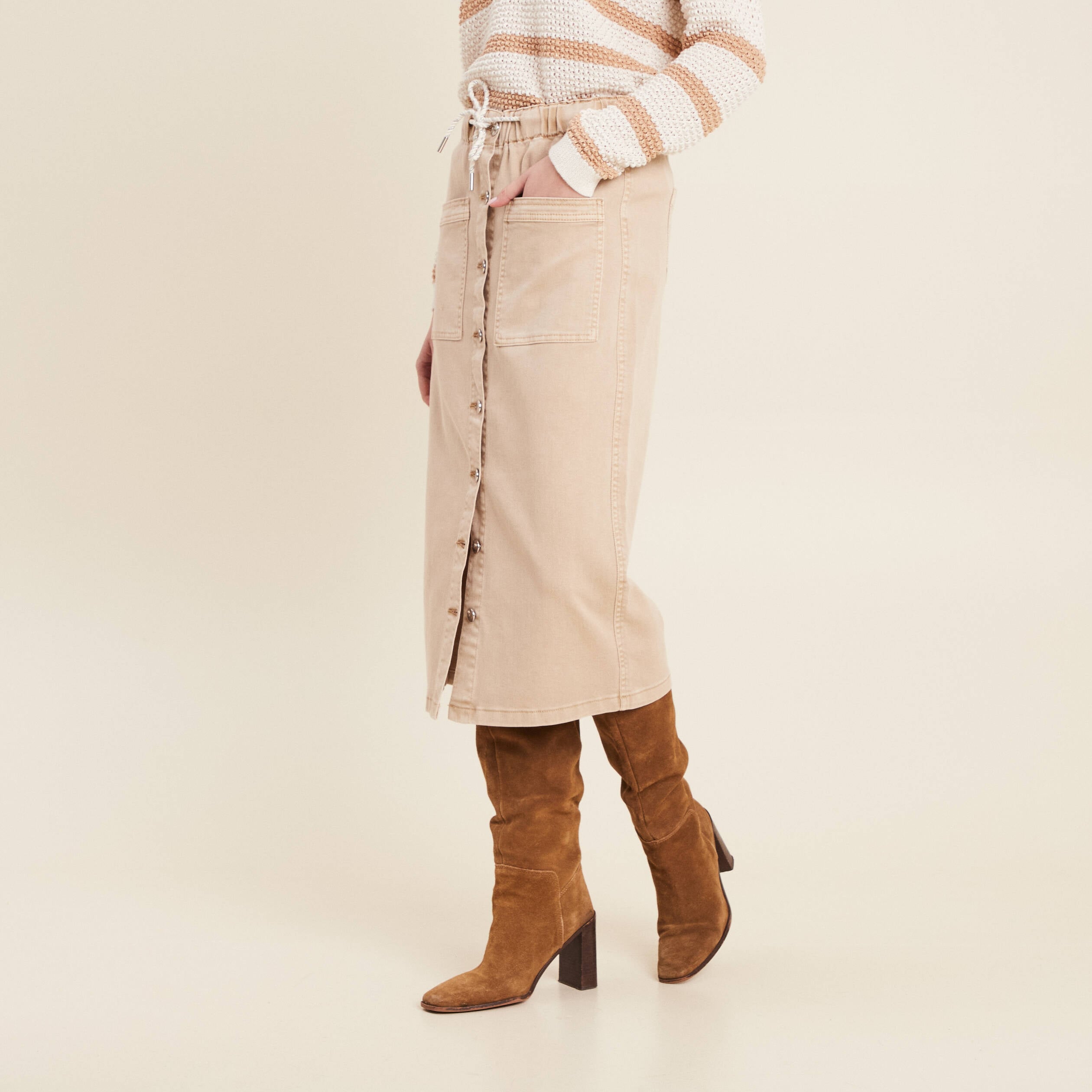 Jupe longue droite en jean denim beige femme