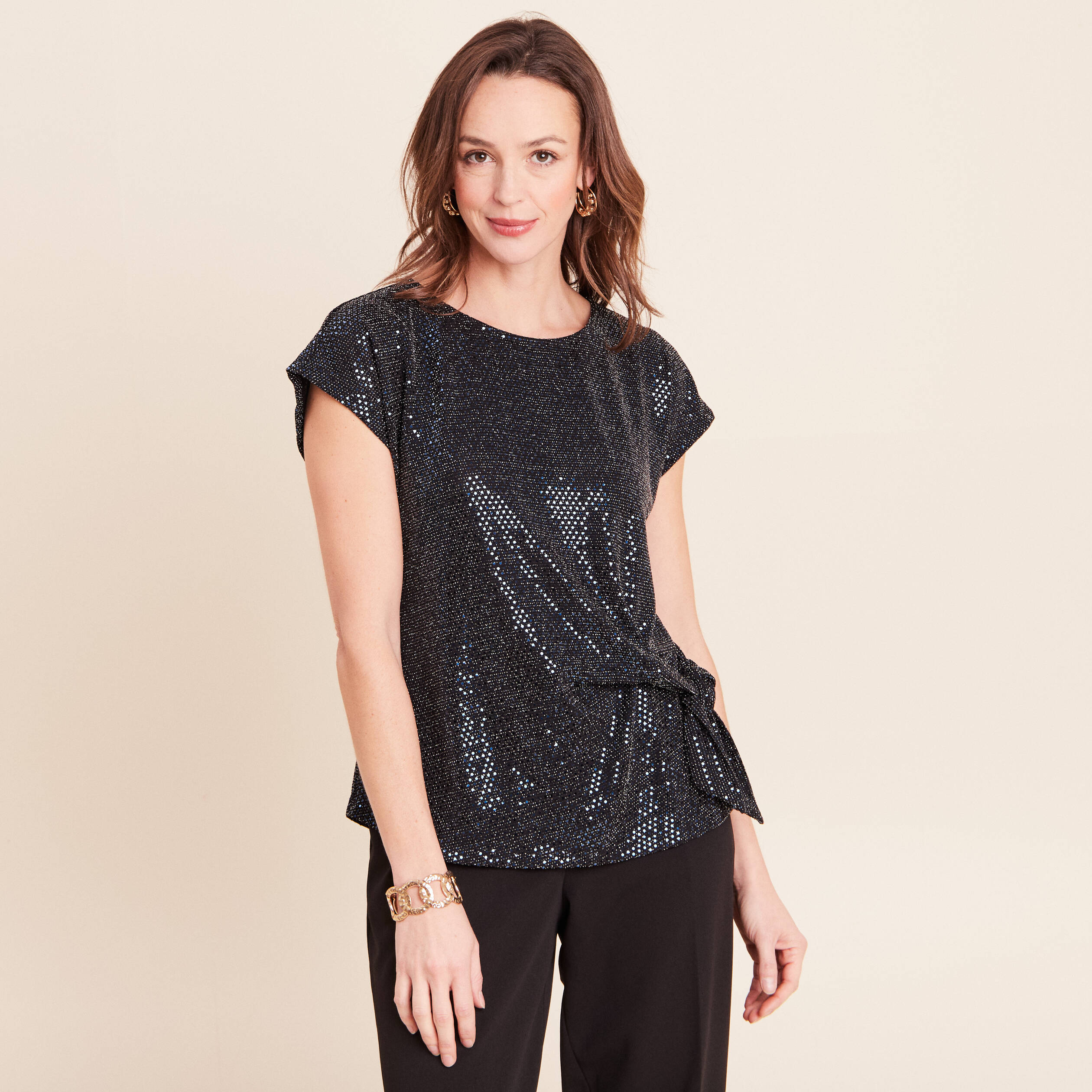 T-shirt cintr&eacute; &agrave; sequins col rond bleu marine femme