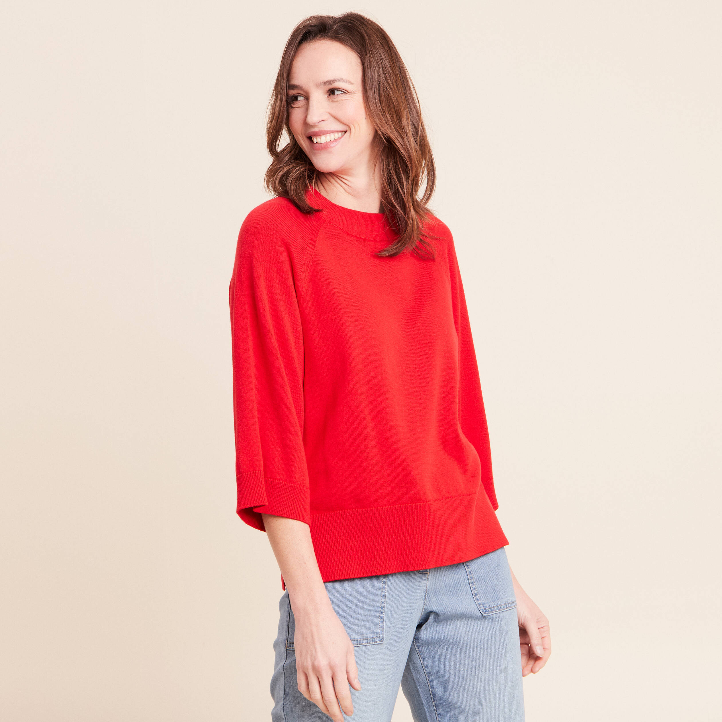 Pull fin col rond manches coudes rouge fluo femme