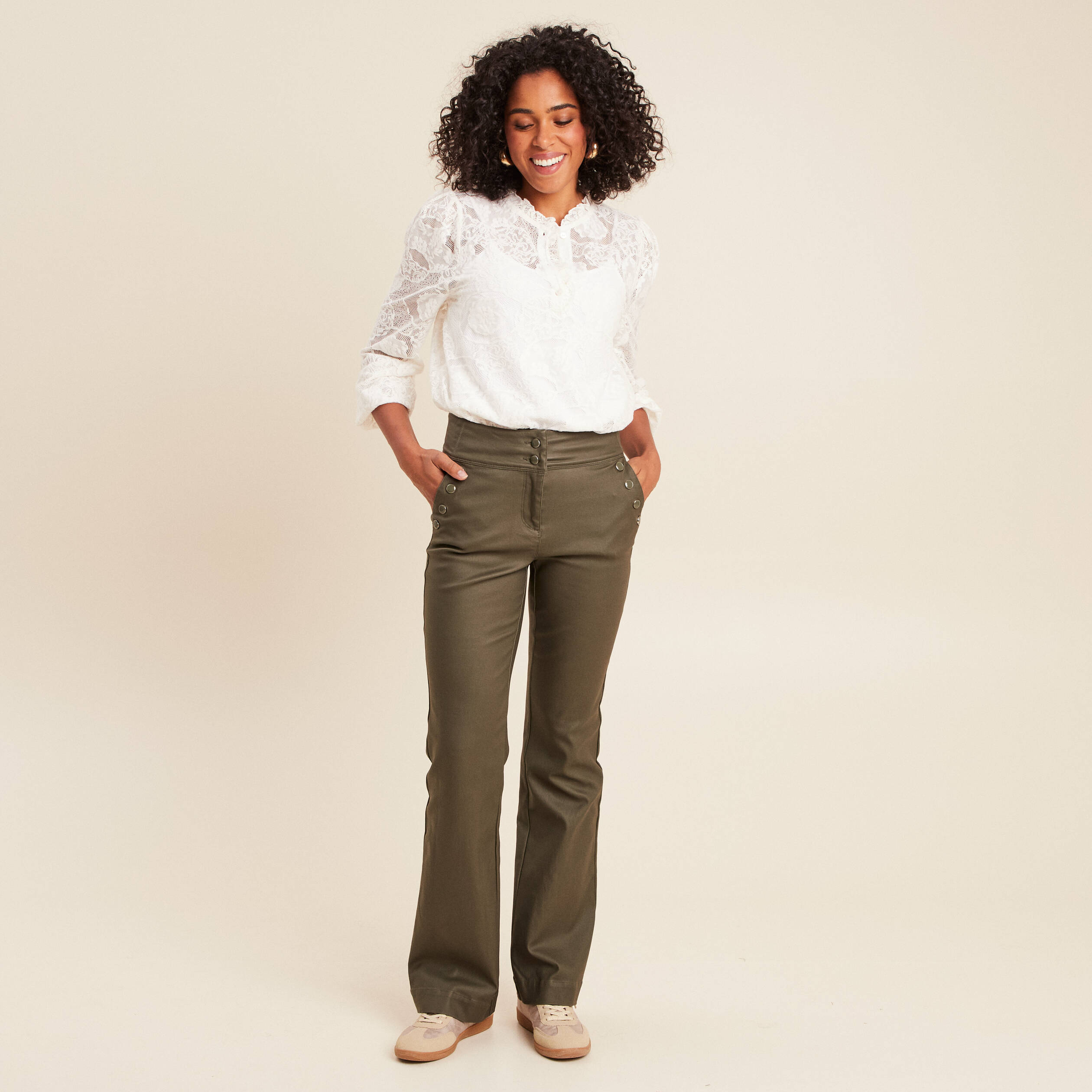 Pantalon bootcut enduit taille haute vert kaki femme