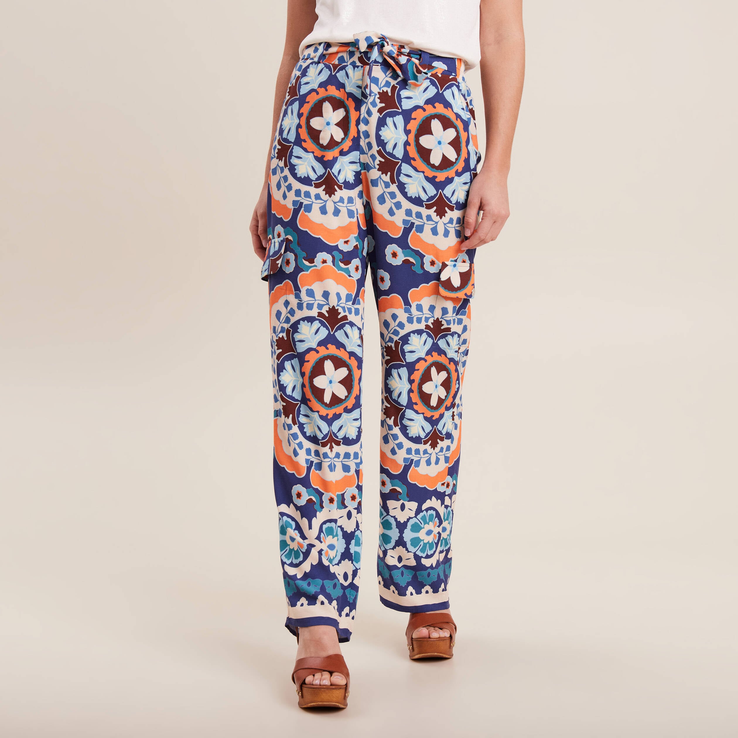 Pantalon large fluide bleu femme