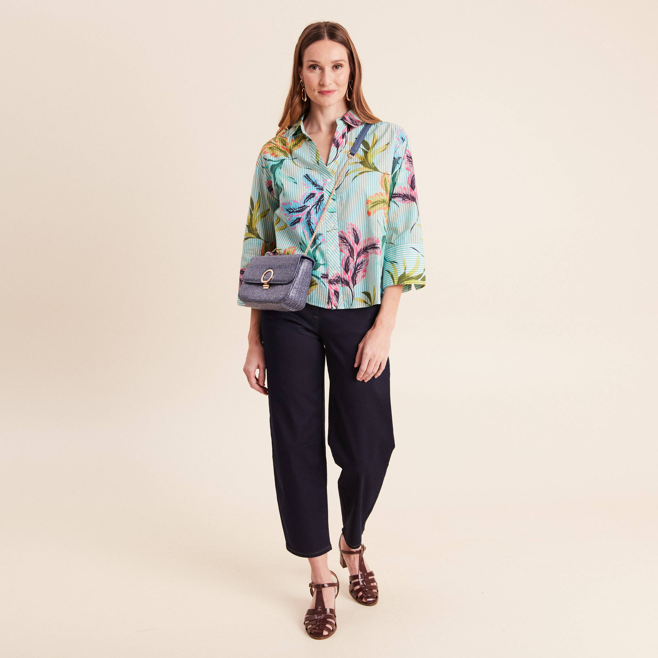 Chemise droite courte manches 3/4 vert femme