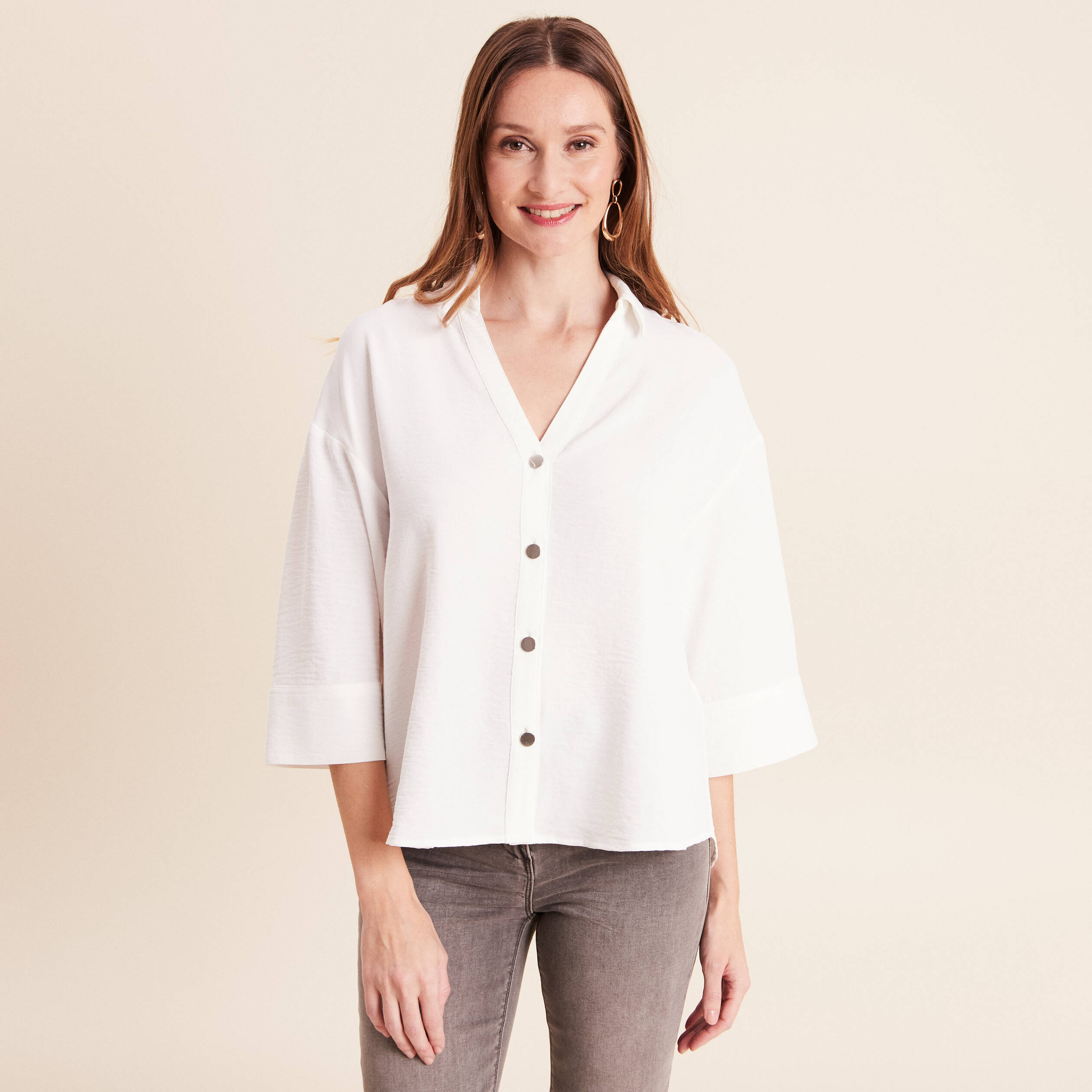 Chemise col chemise manches 3/4 ecru femme