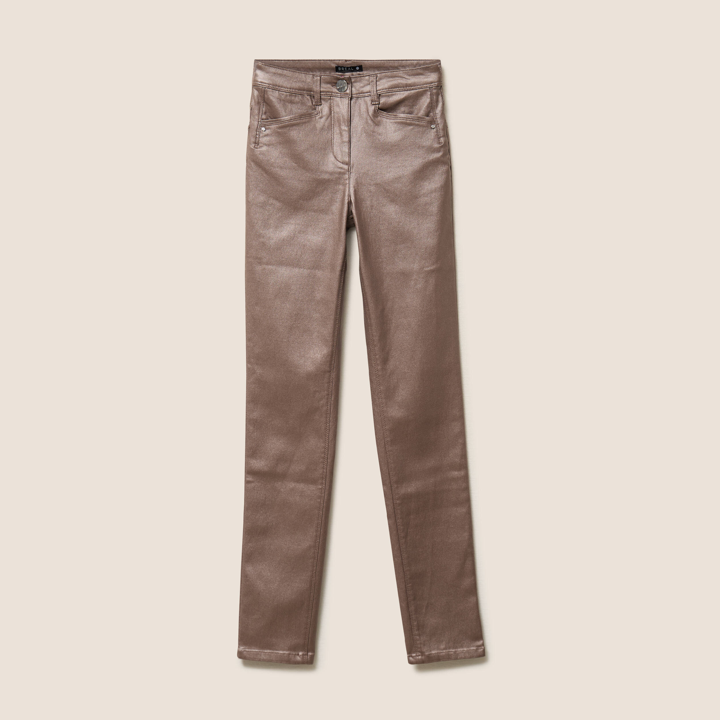 Pantalon iris&eacute; en similicuir marron fonc&eacute; femme
