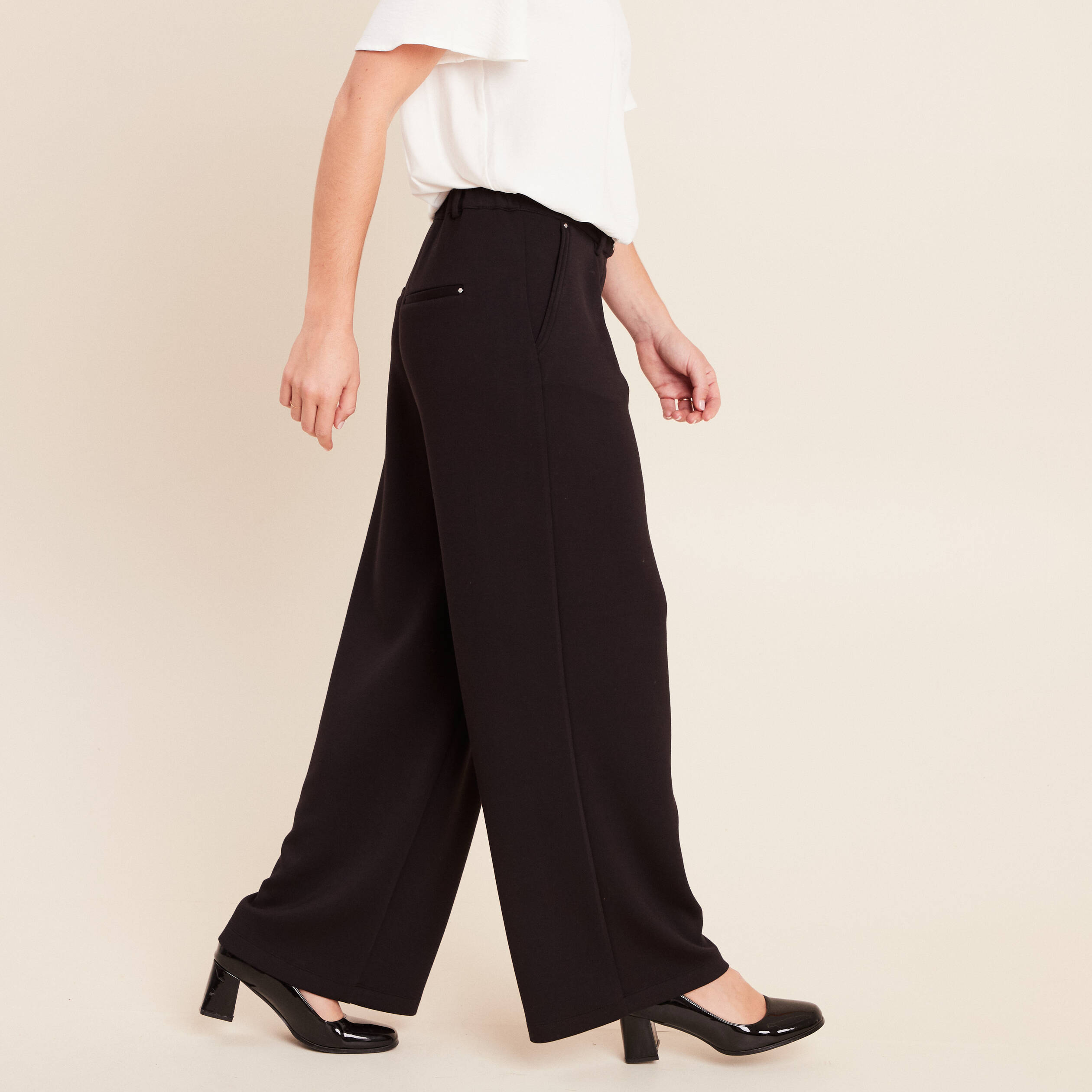 Pantalon coupe large taille haute maille noir femme