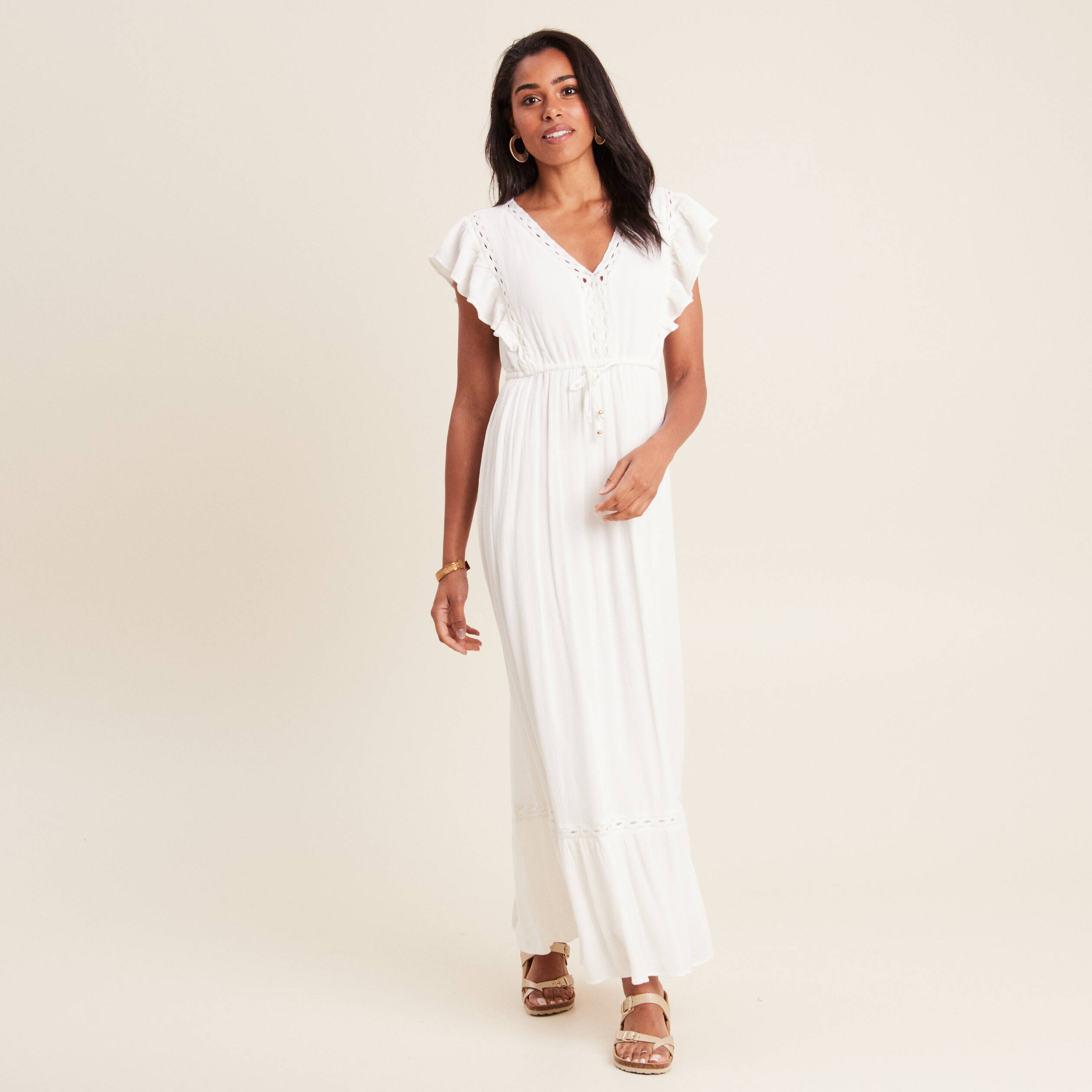 robe longue evasee a volants ecru femme Robe longue évasée à volants ecru femme