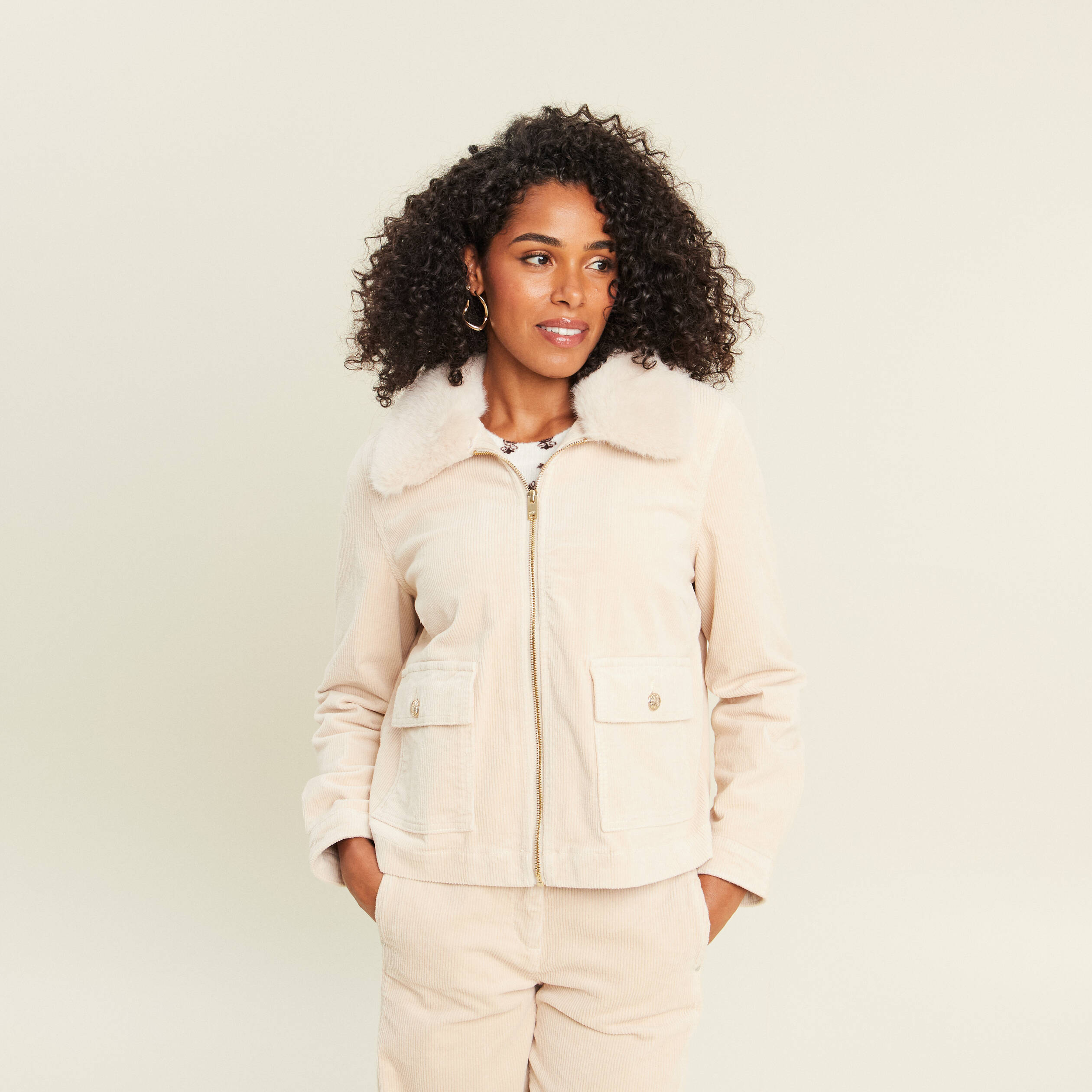 Blouson droit velours manches longues sable femme