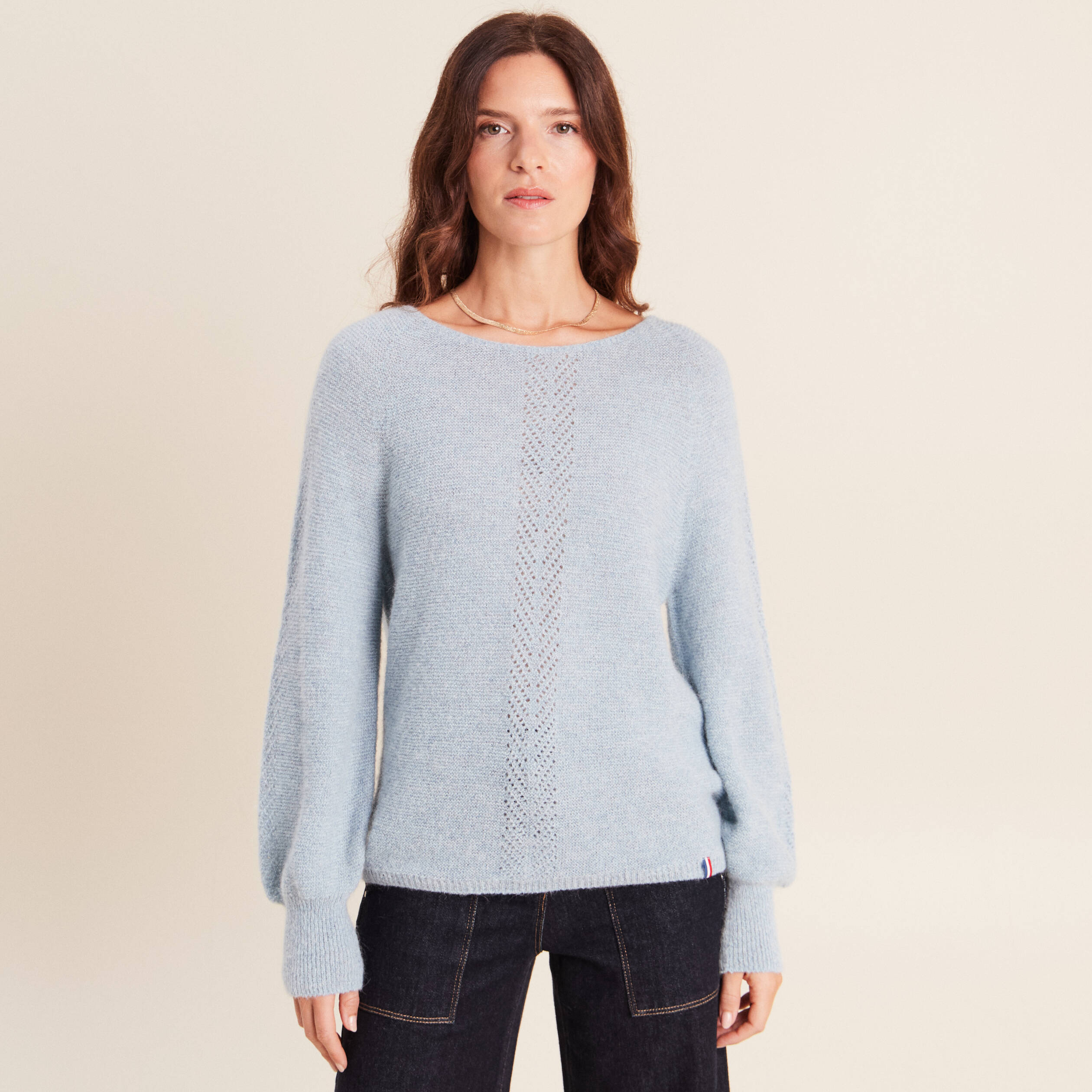 Pull droit col rond manches longues bleu canard femme