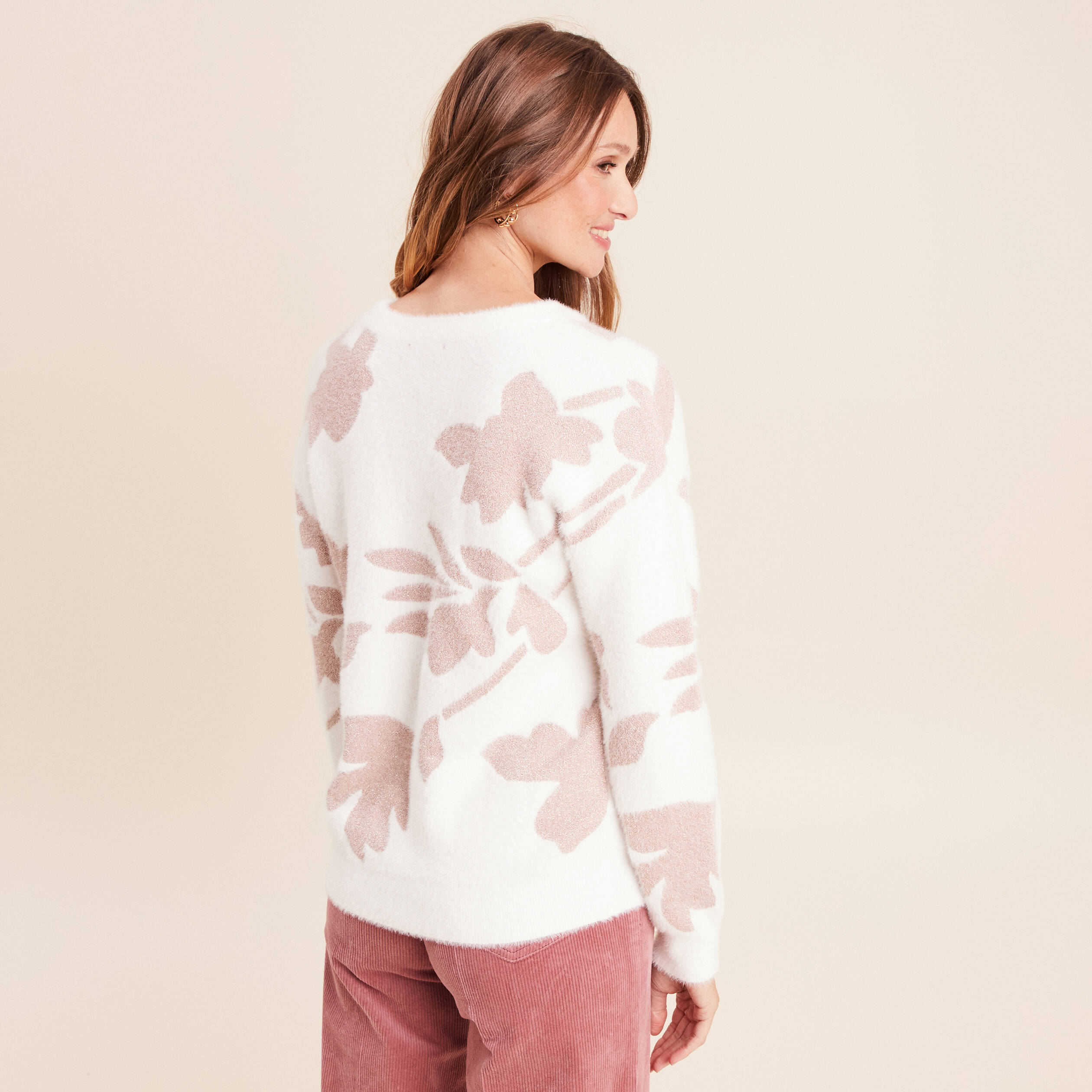 Pull col rond manches longues beige femme