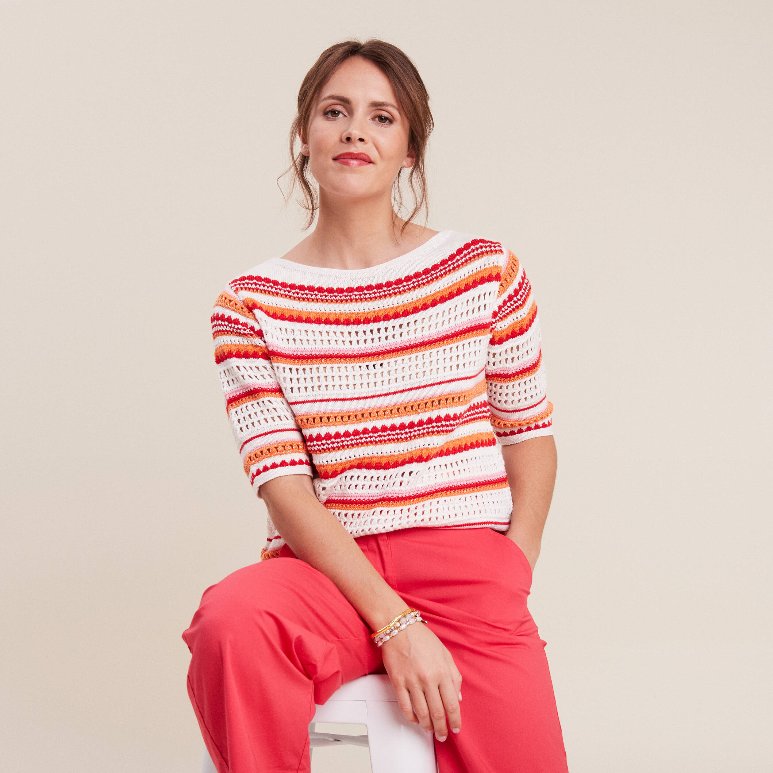 pull manches 34 ajoure orange femme Pull manches 3/4 ajouré orange femme