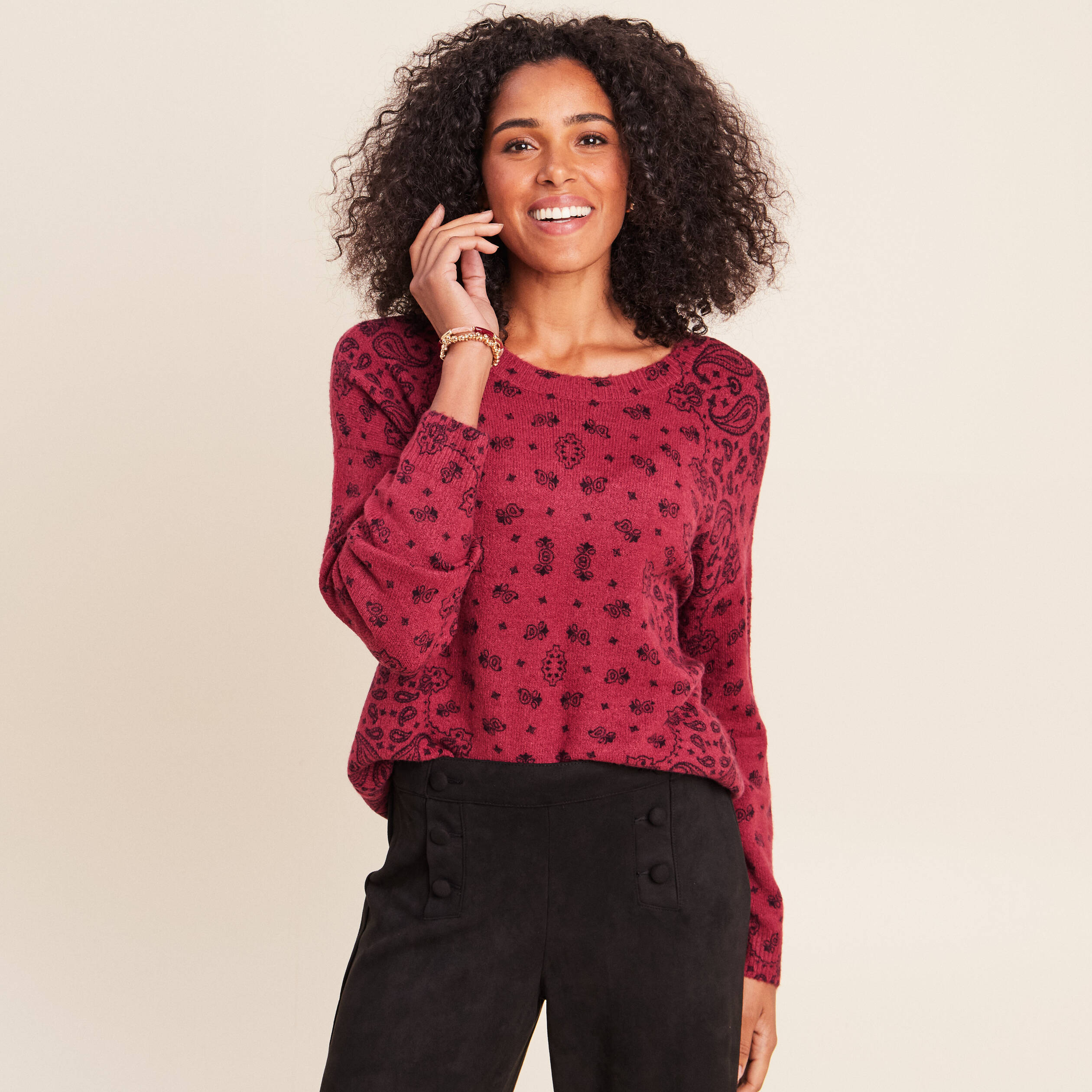 Pull col rond bordeaux femme
