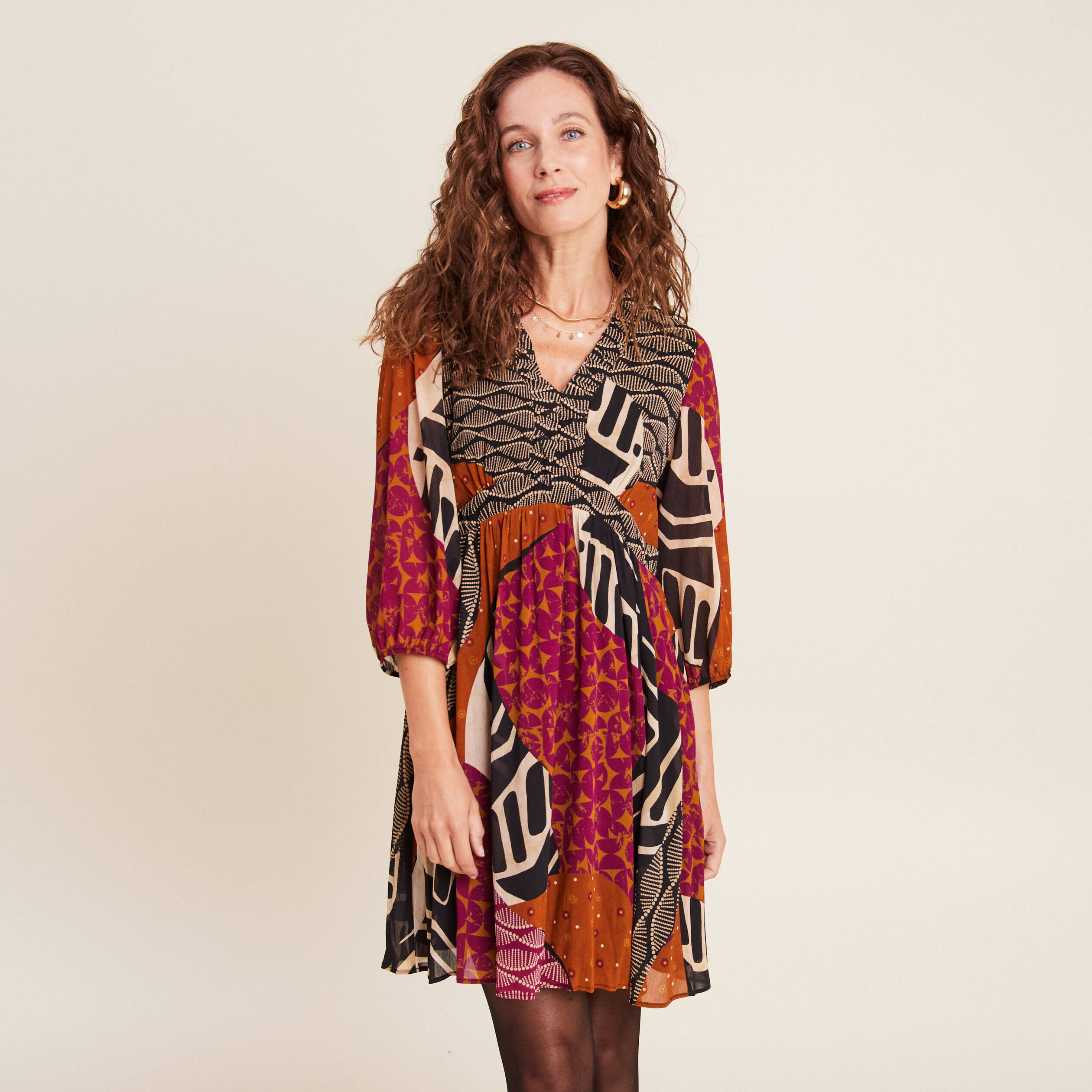 robe evasee fluide manches 34 multicolore femme Robe évasée fluide manches 3/4 multicolore femme