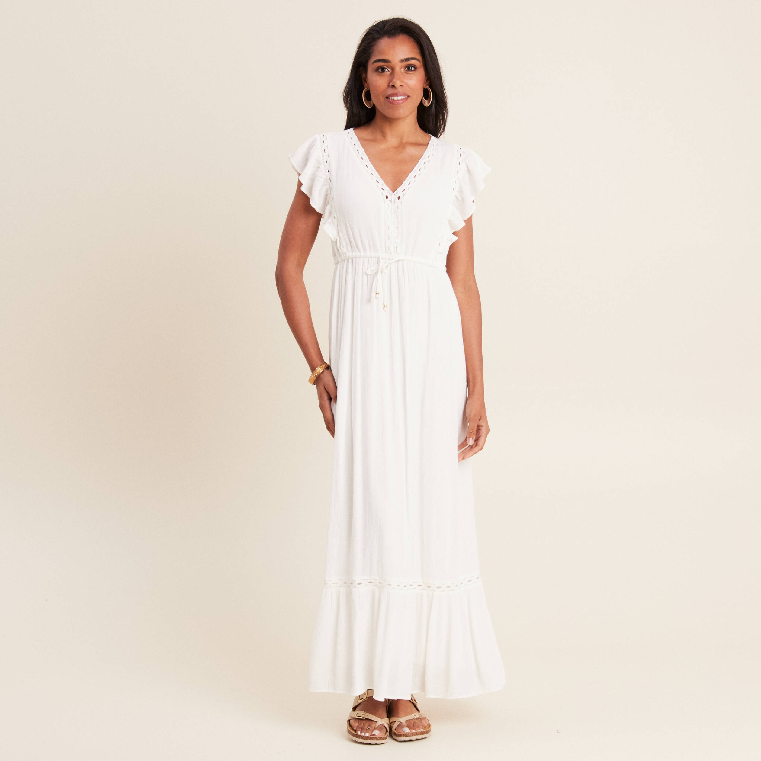 robe longue evasee a volants ecru femme Robe longue évasée à volants ecru femme