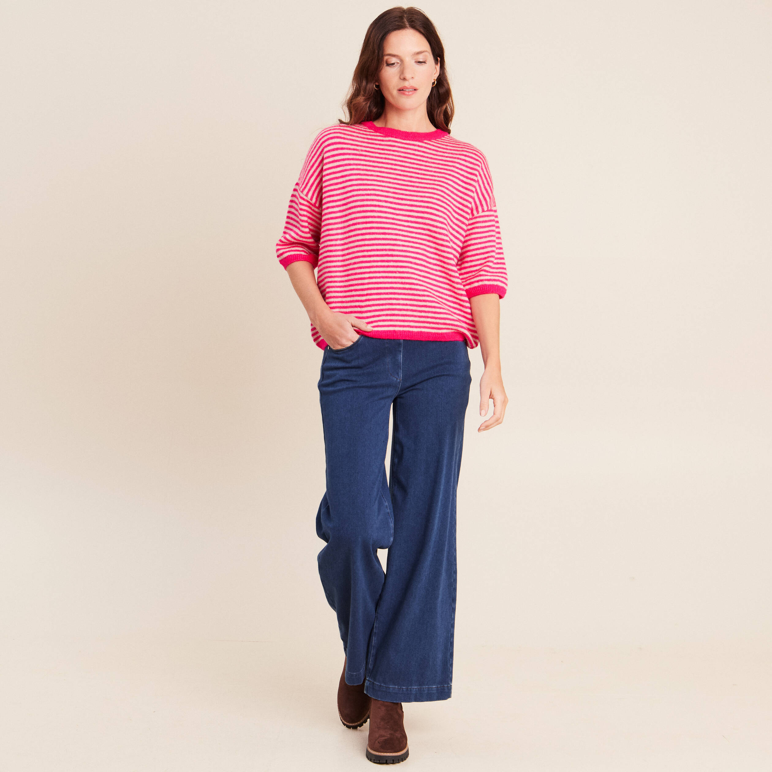 Pull droit col rond manches 3/4 rose femme