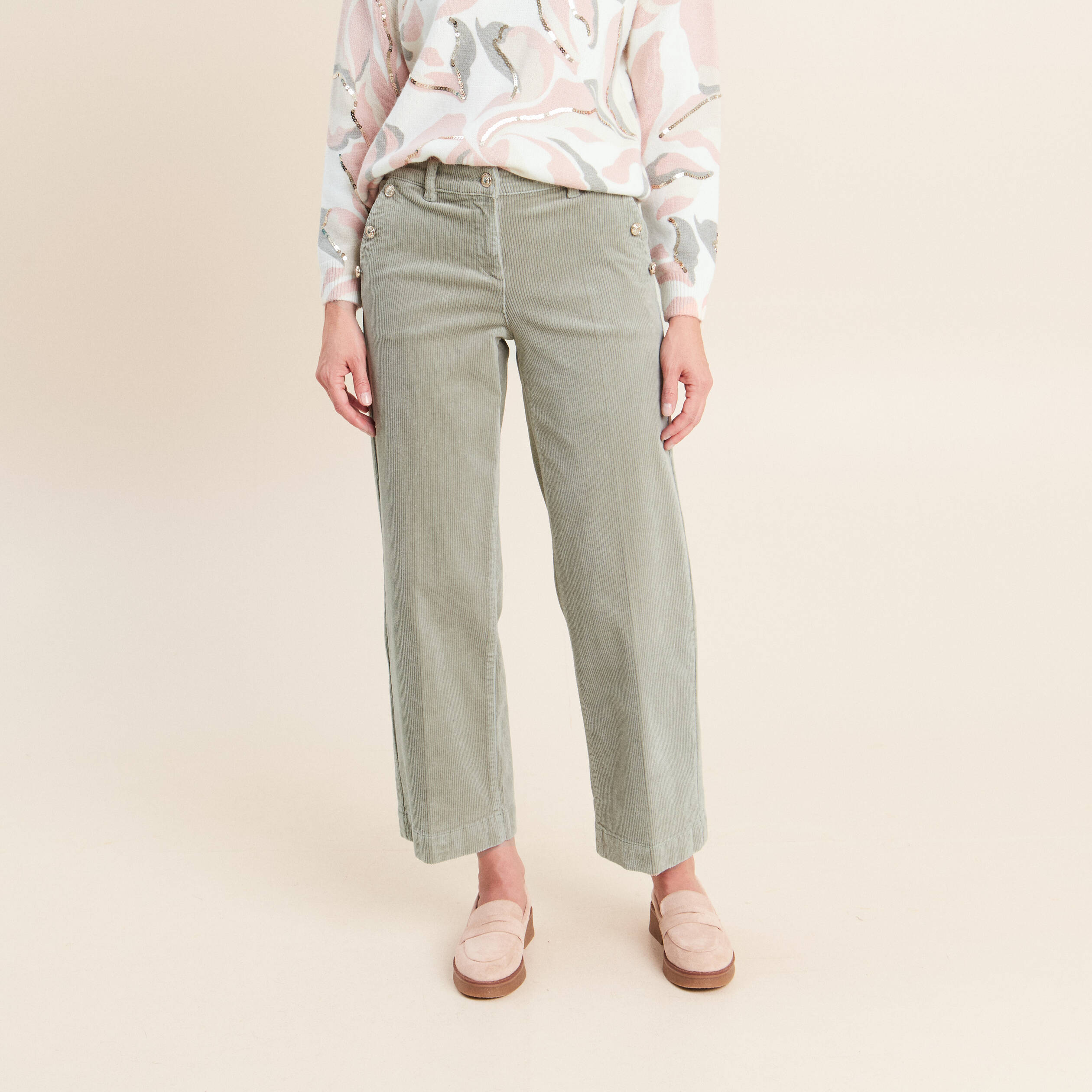 Pantalon large velours c&ocirc;tel&eacute; vert clair femme