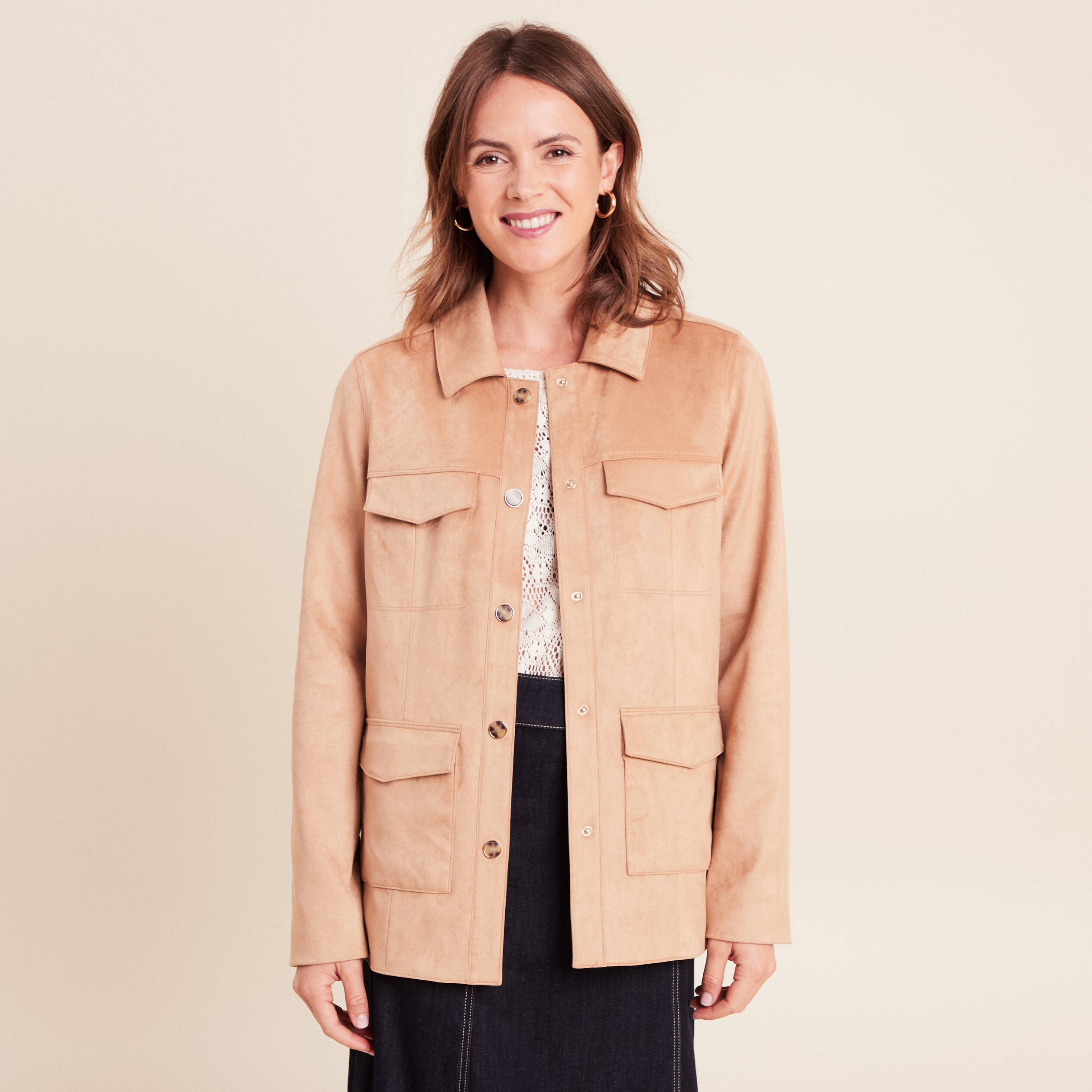 Veste droite longue aspect daim marron clair femme