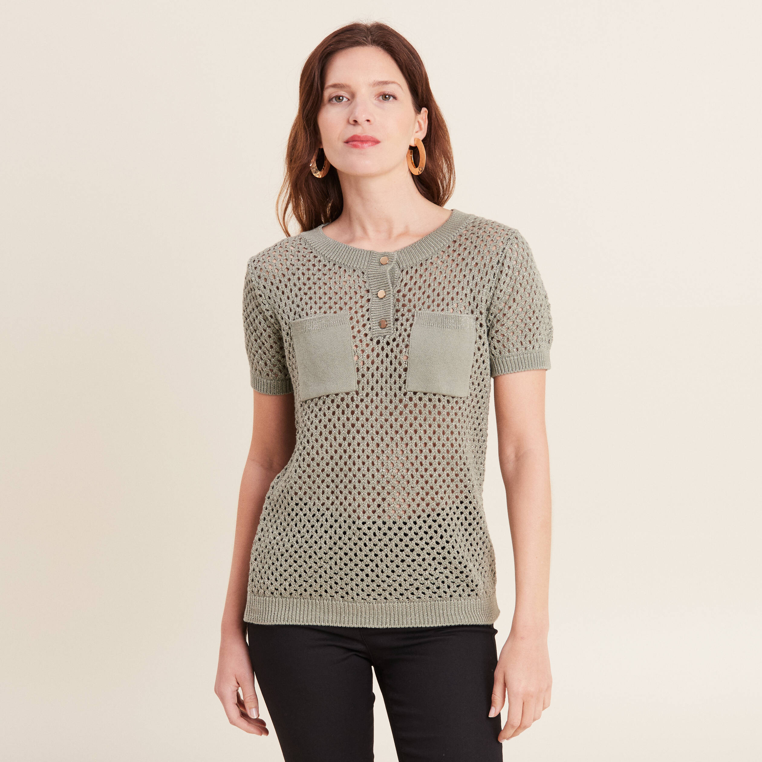 Pull manches courtes ajouré vert clair femme