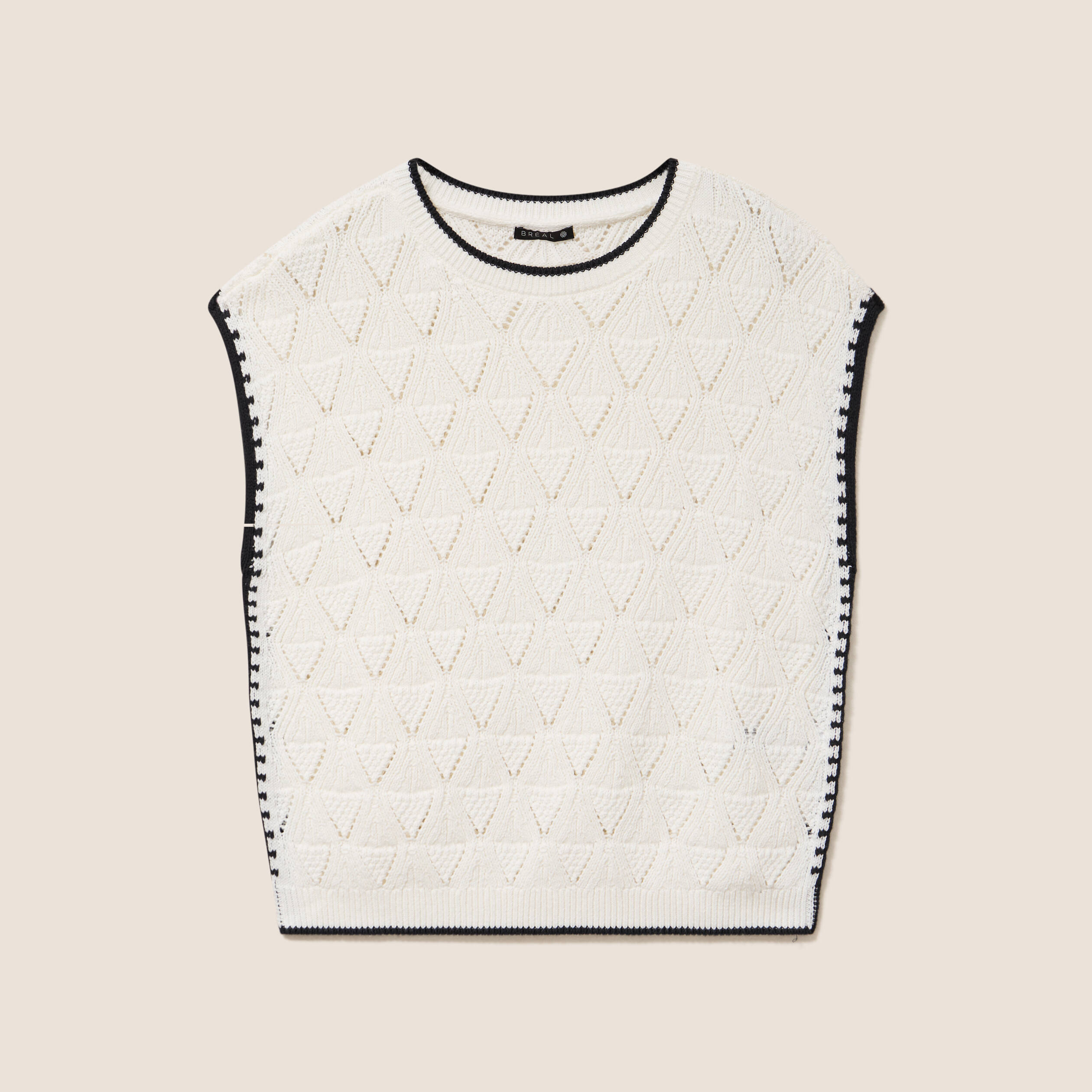 Pull ajour&eacute; sans manches col rond ecru femme