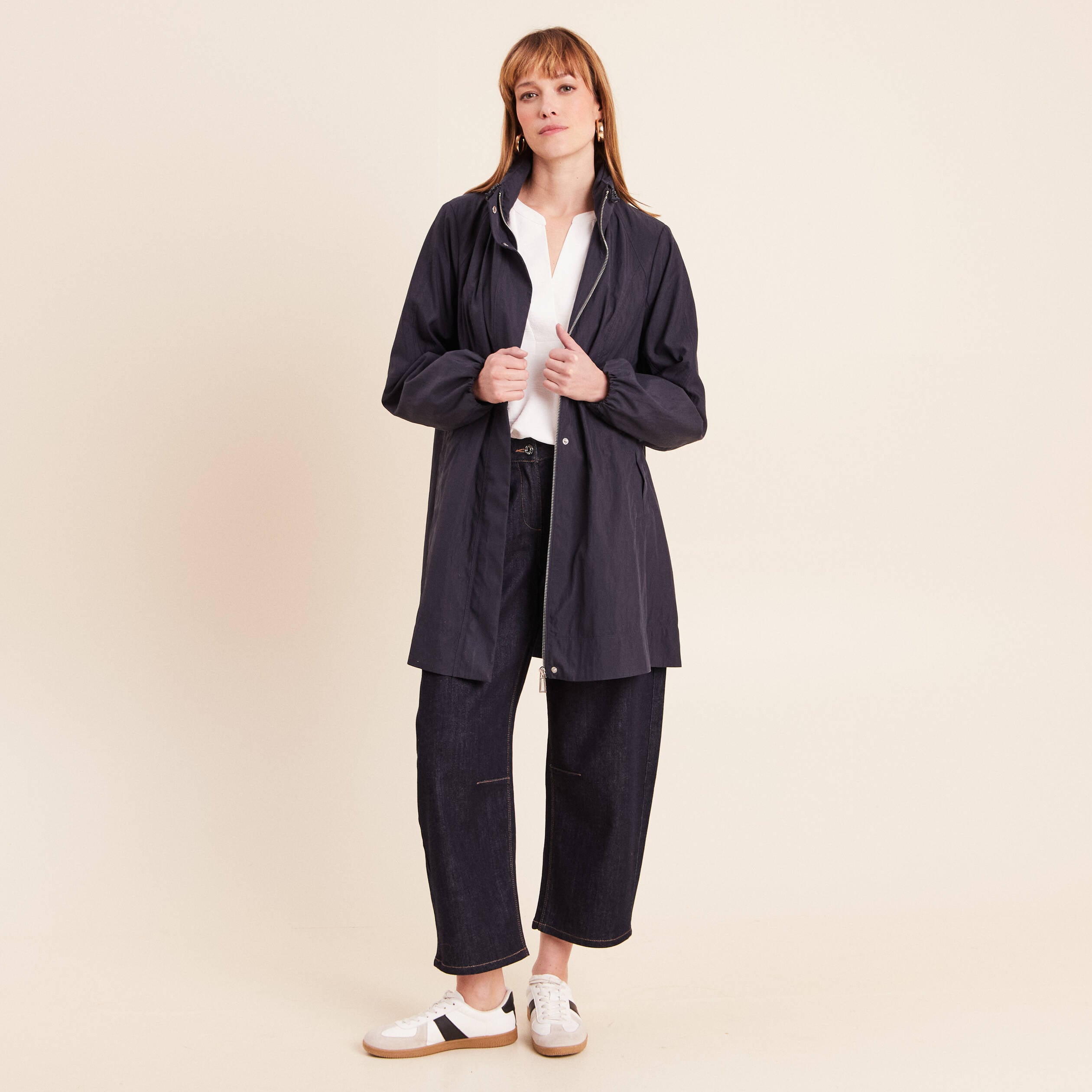 Parka cintr&eacute;e longue doubl&eacute;e bleu fonc&eacute; femme