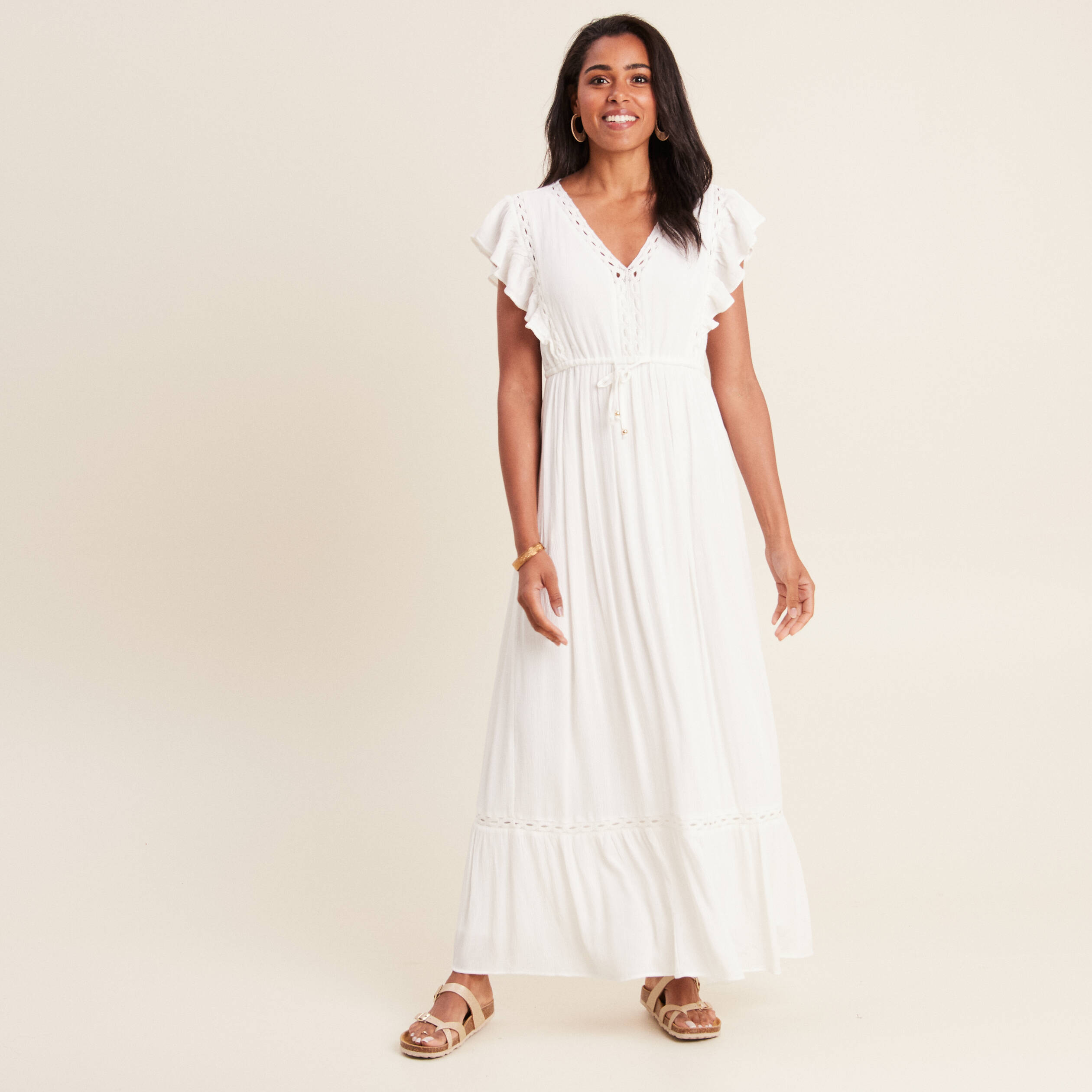 robe longue evasee a volants ecru femme Robe longue évasée à volants ecru femme