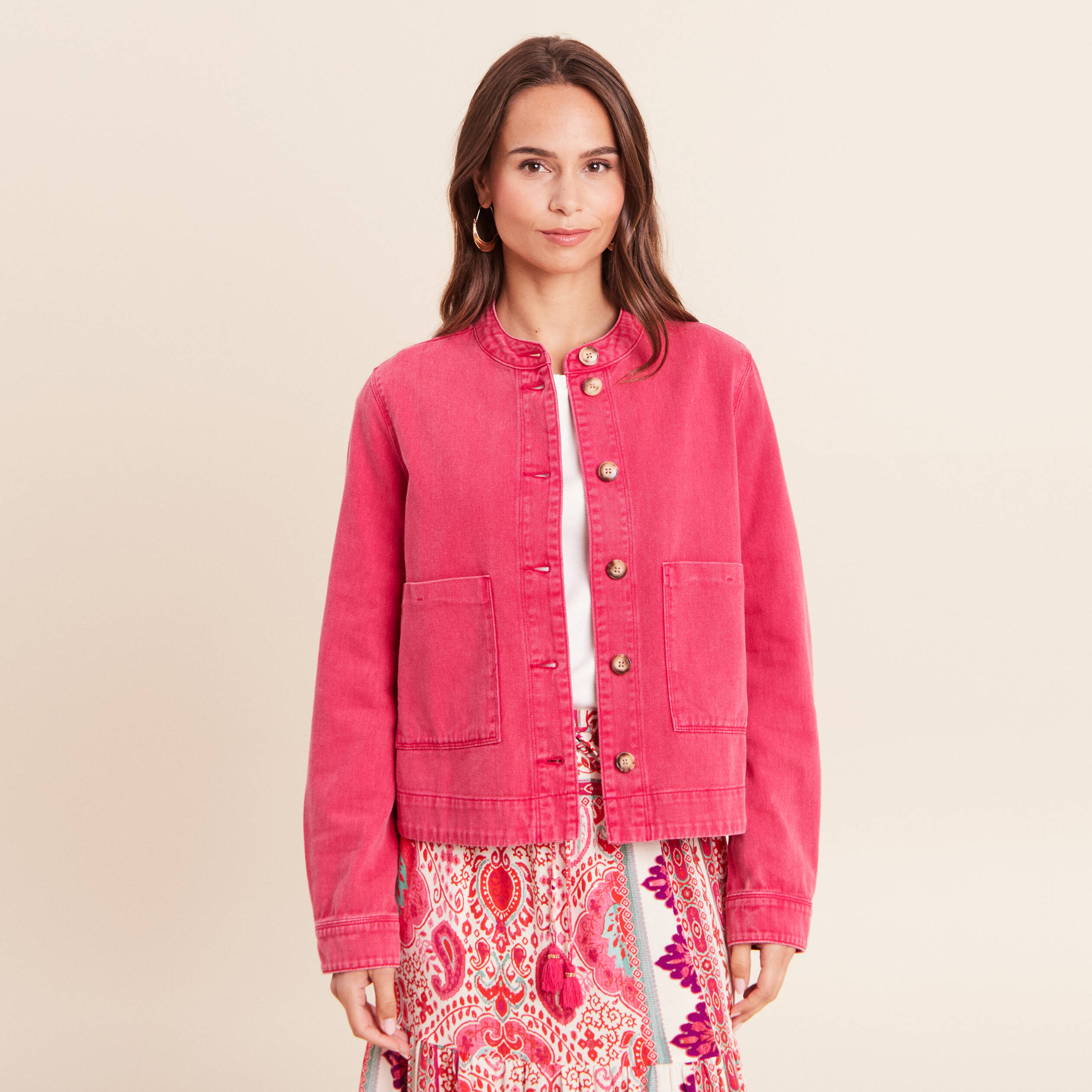 Veste ample courte en jean rose fushia femme