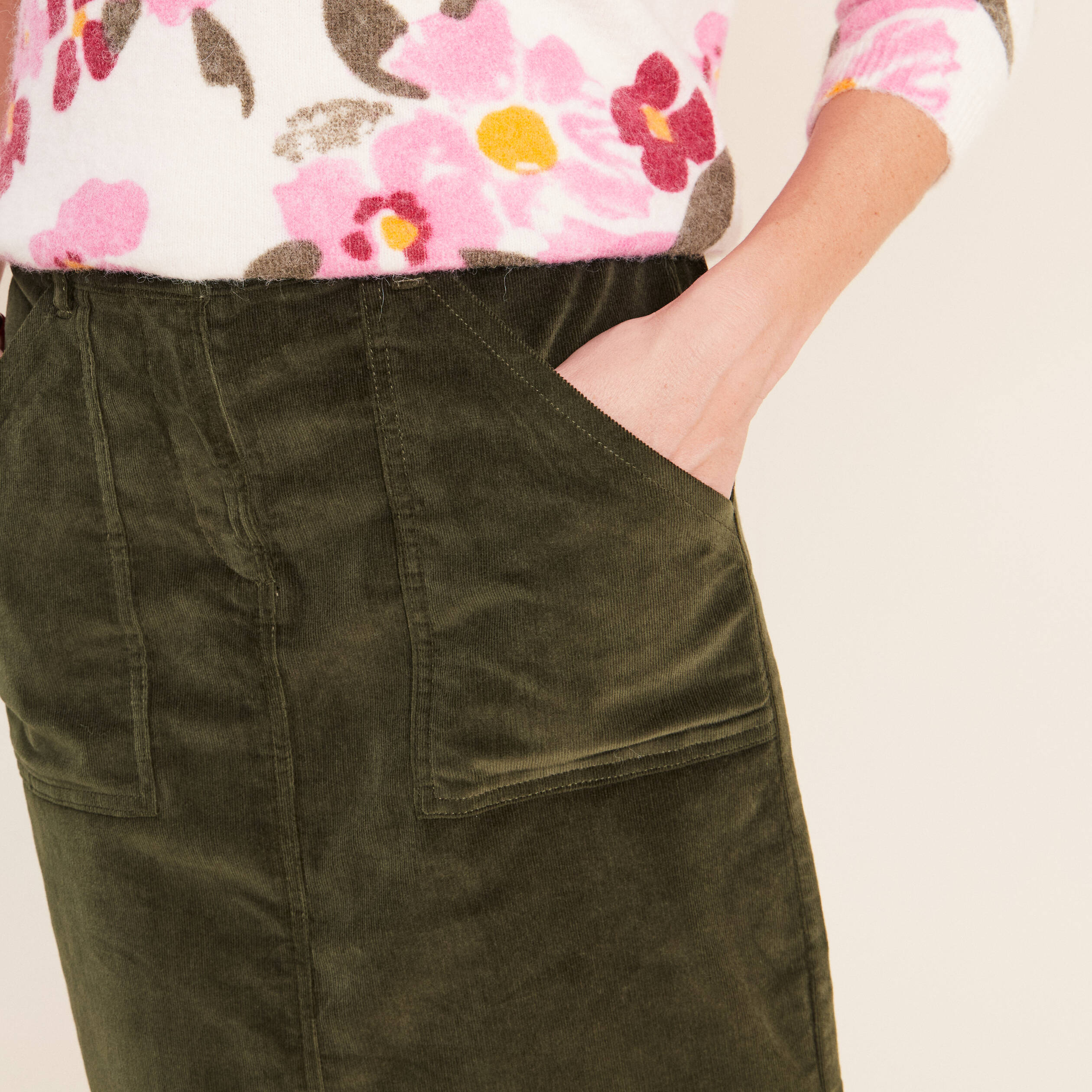 Jupe en velours vert kaki femme