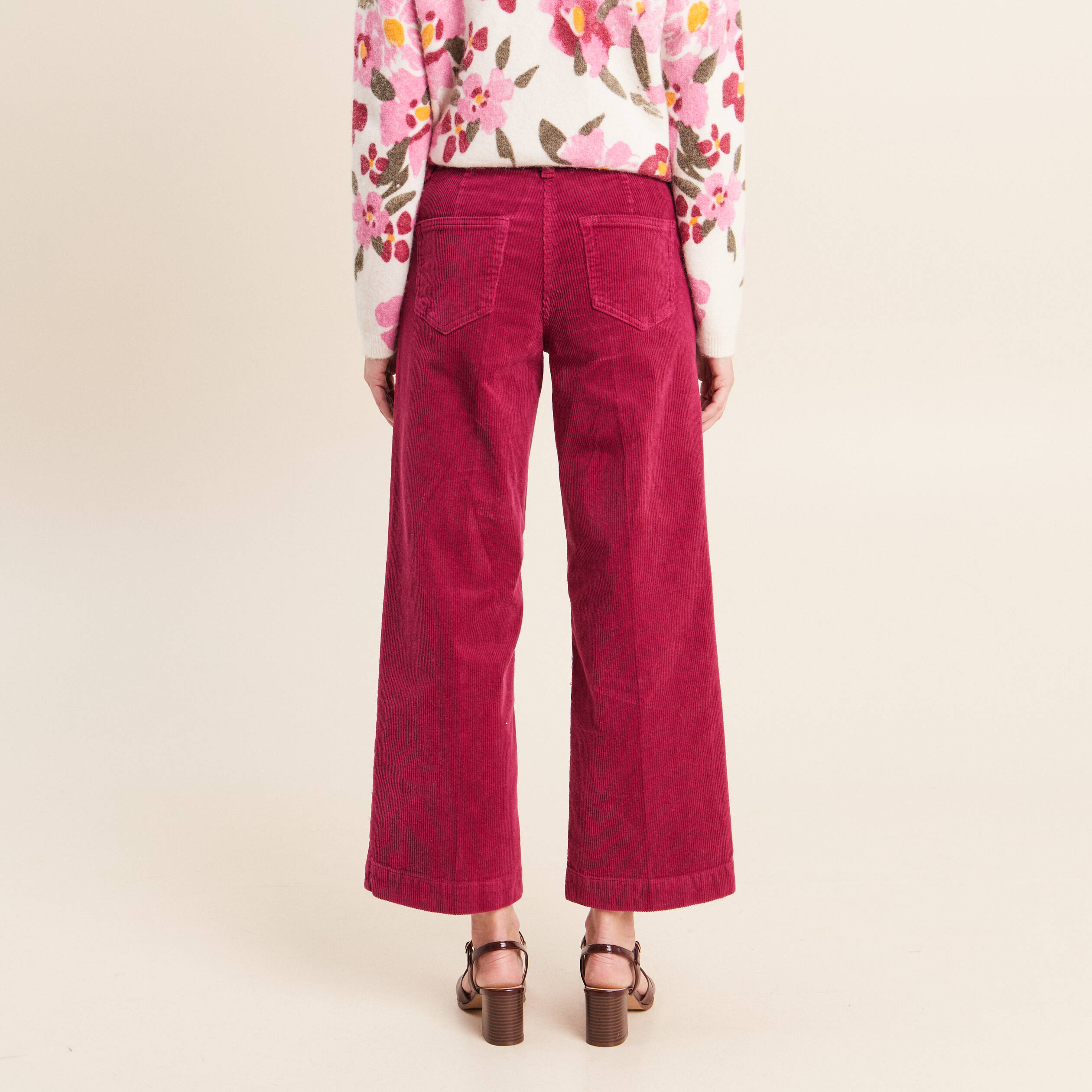 Pantalon large velours c&ocirc;tel&eacute; rouge fonc&eacute; femme