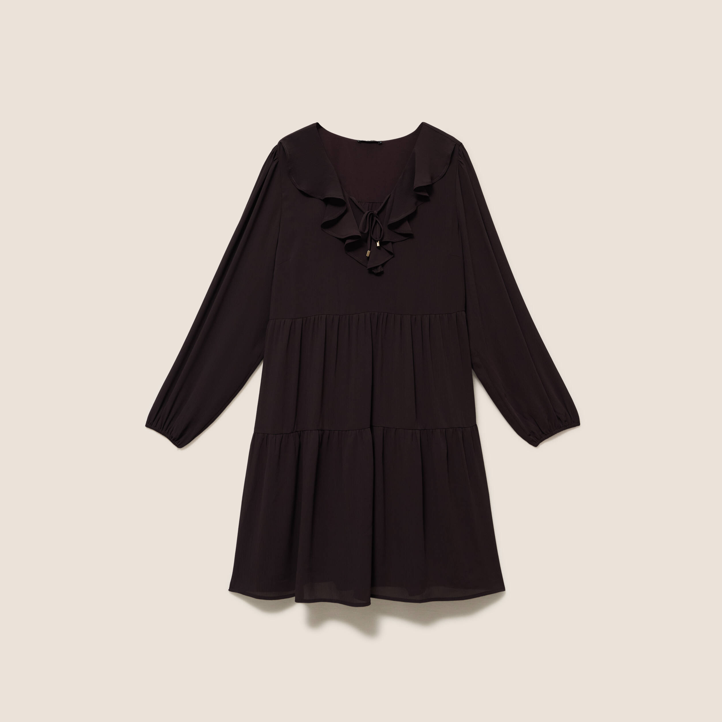 Robe courte &eacute;vas&eacute;e col v manches longues marron fonc&eacute; femme