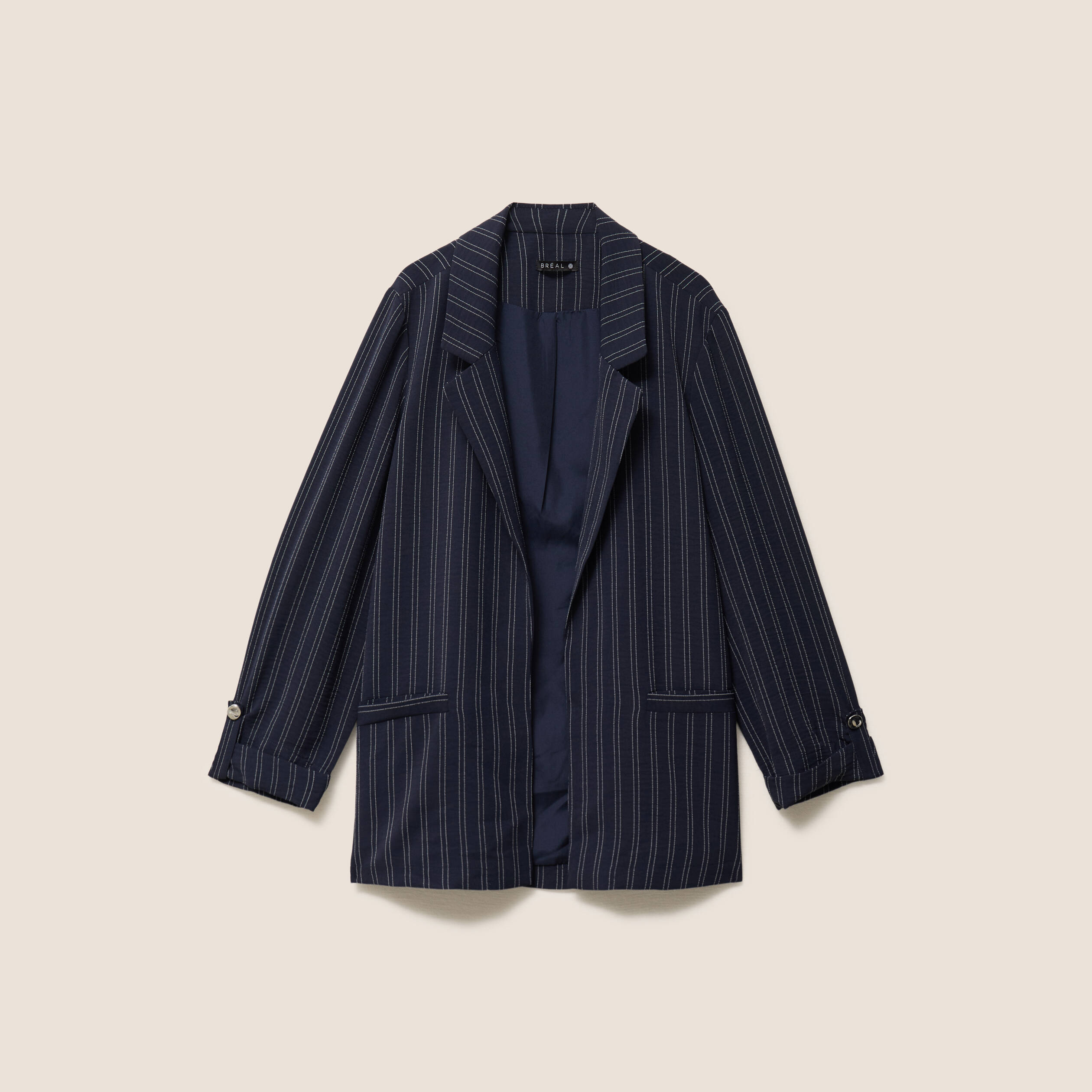Veste longue droite col tailleur bleu femme