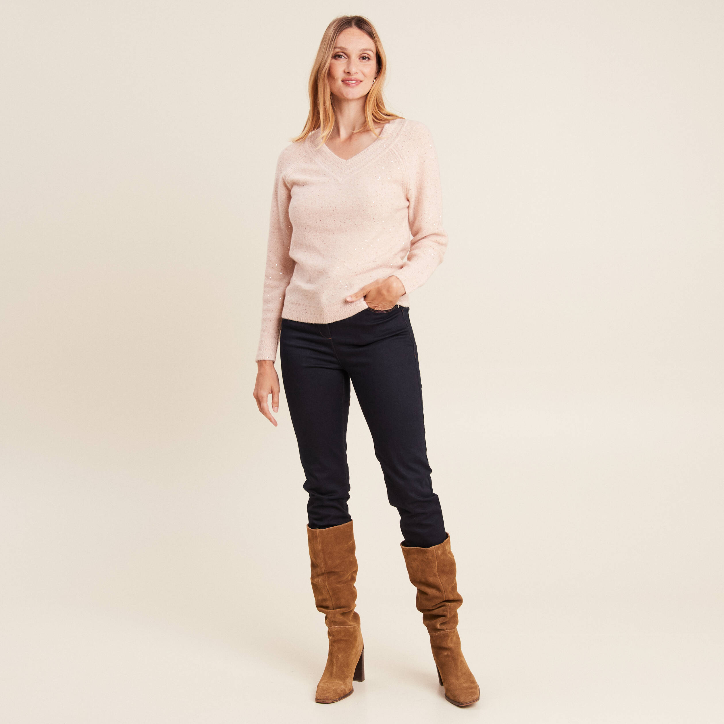pull manches longues rose poudree femme Pull manches longues rose poudrée femme