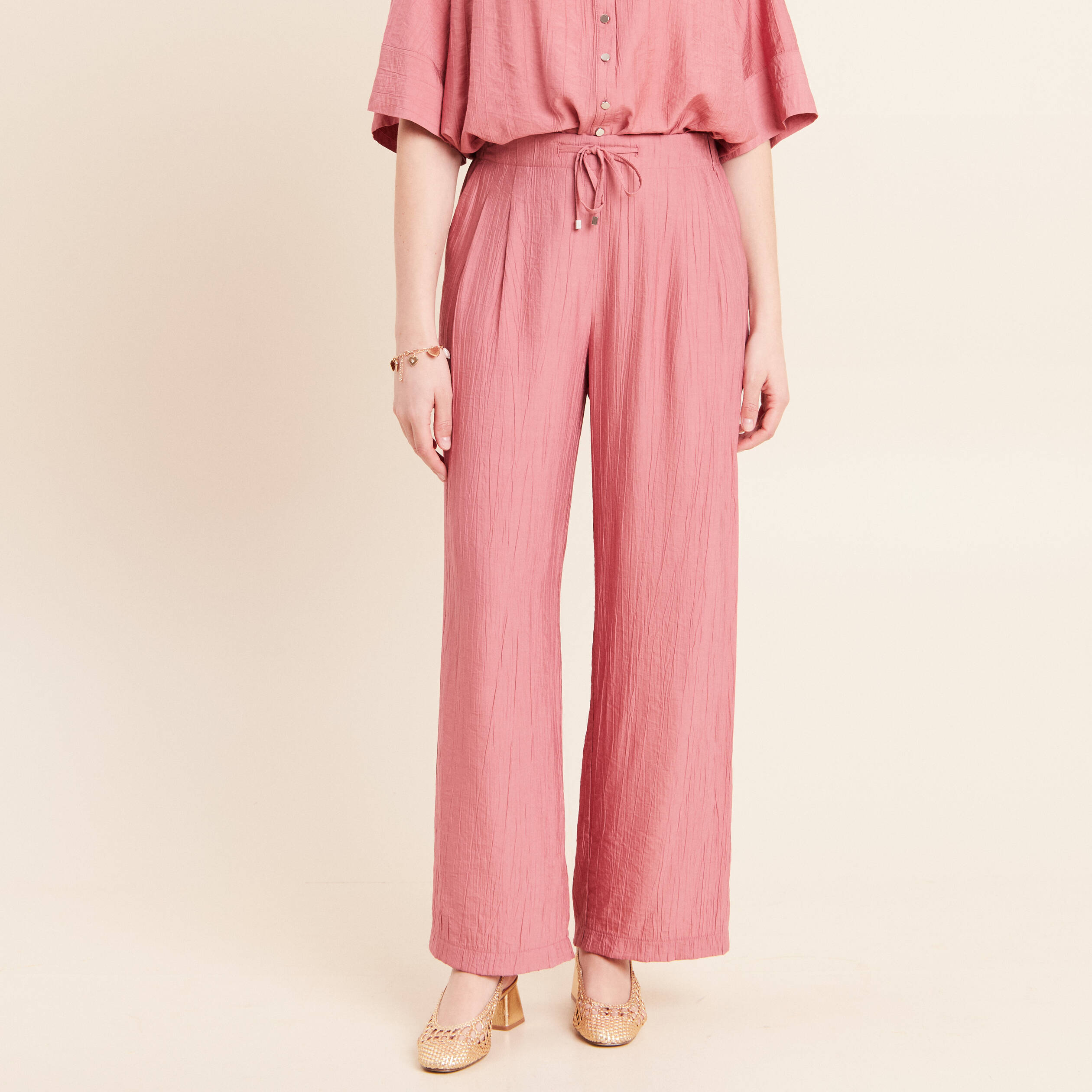 Pantalon fluide taille haute mauve femme