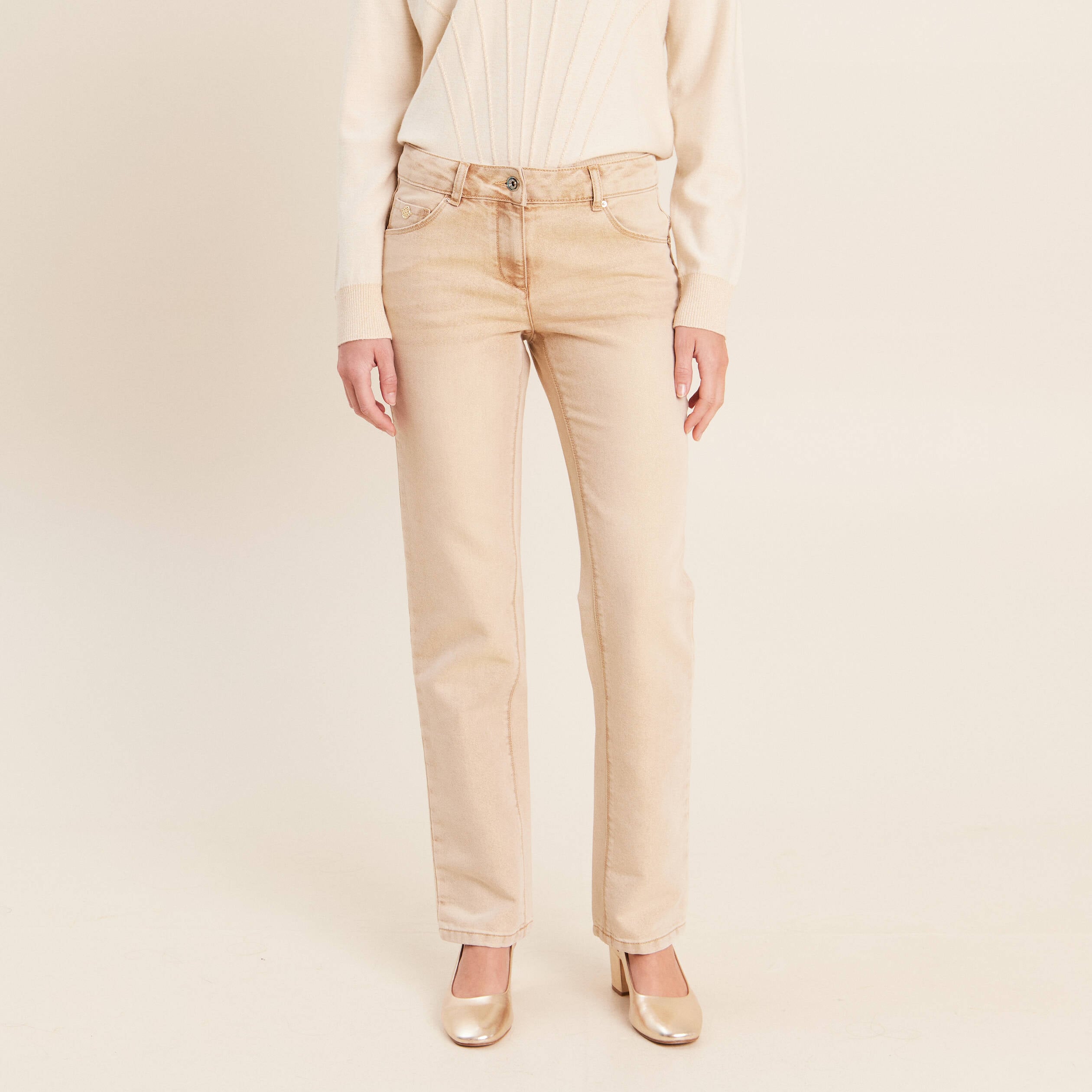 Jean taille bascul&eacute;e denim beige femme