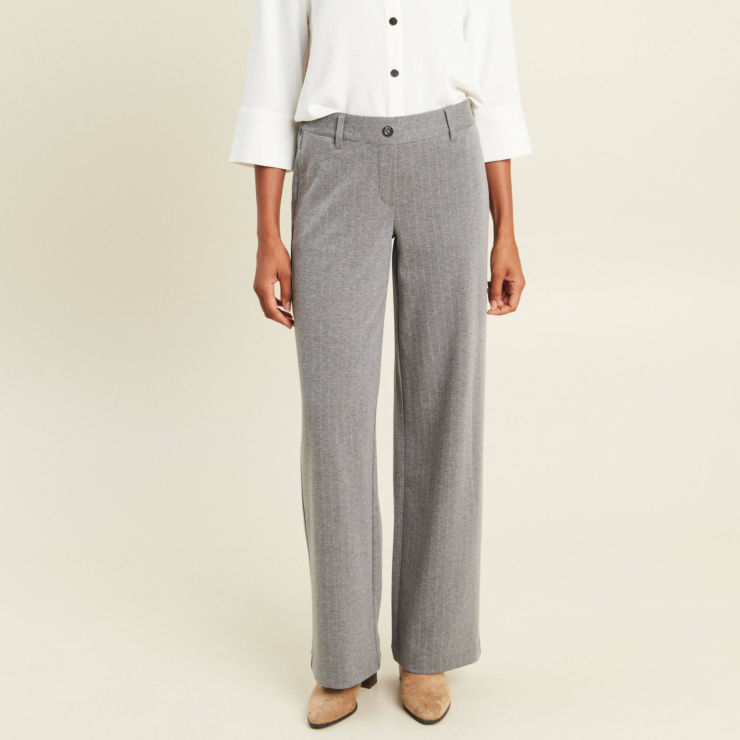 Pantalon loose taille bascul&eacute;e gris femme