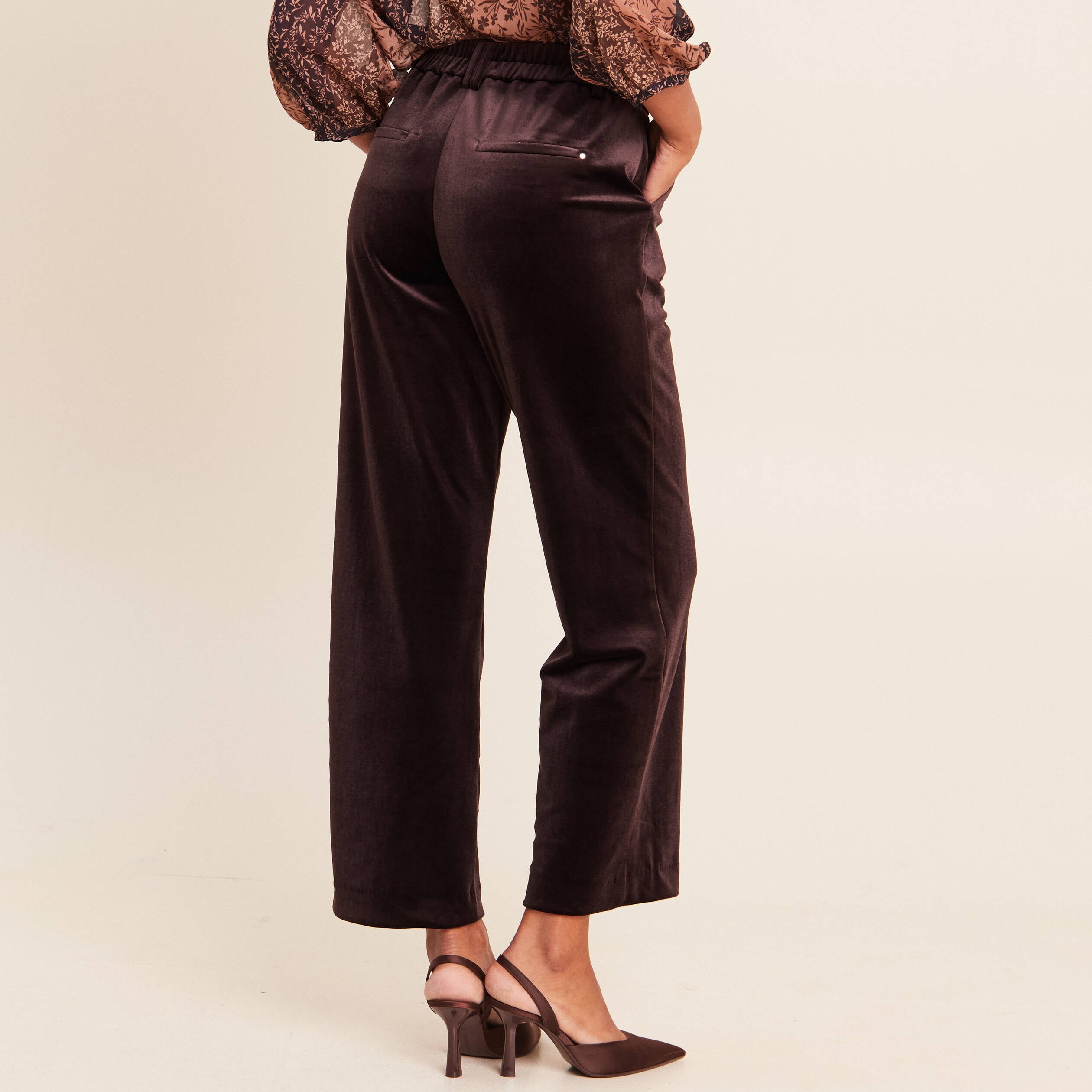 Pantalon large taille haute marron fonc&eacute; femme