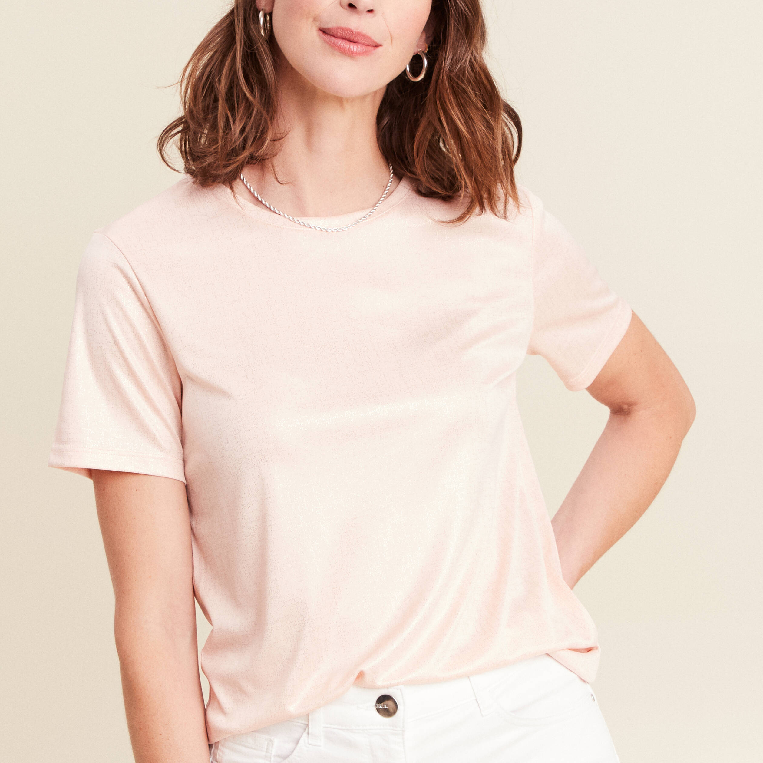 t-shirt droit court satiné col rond vieux rose femme